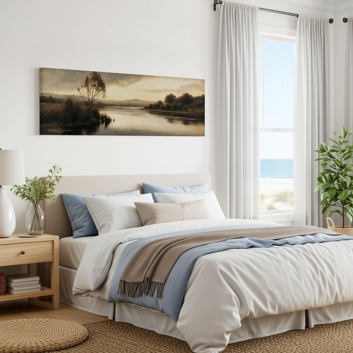 Misty river reflection at dusk panoramic canvas print above a bed in a coastal bedroom