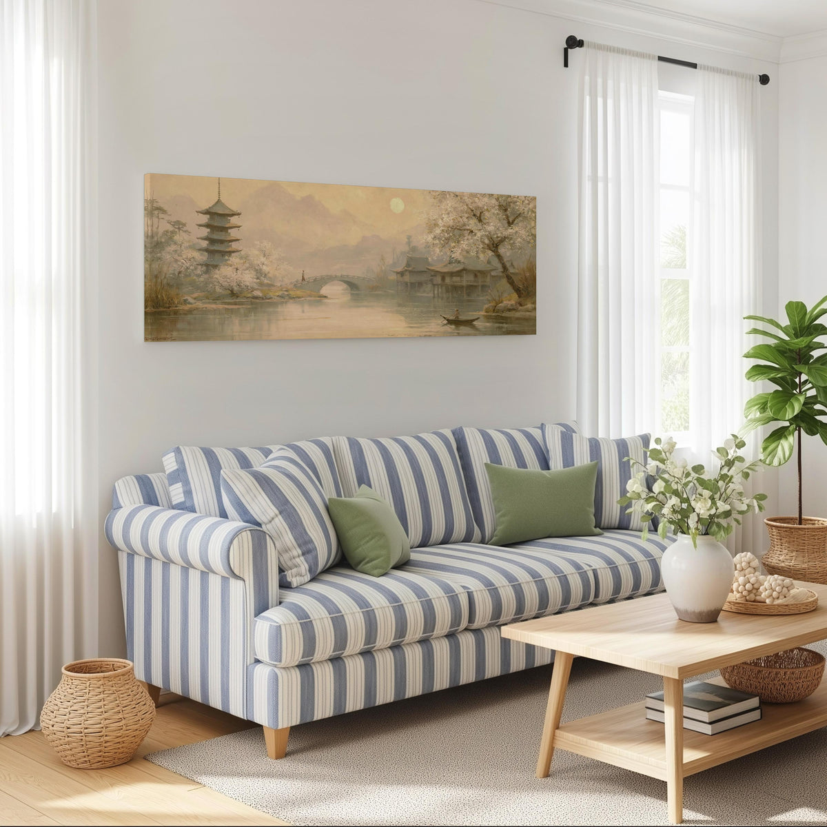 Pagoda and stone bridge at dusk long horizontal canvas print above a striped sofa in a coastal living room