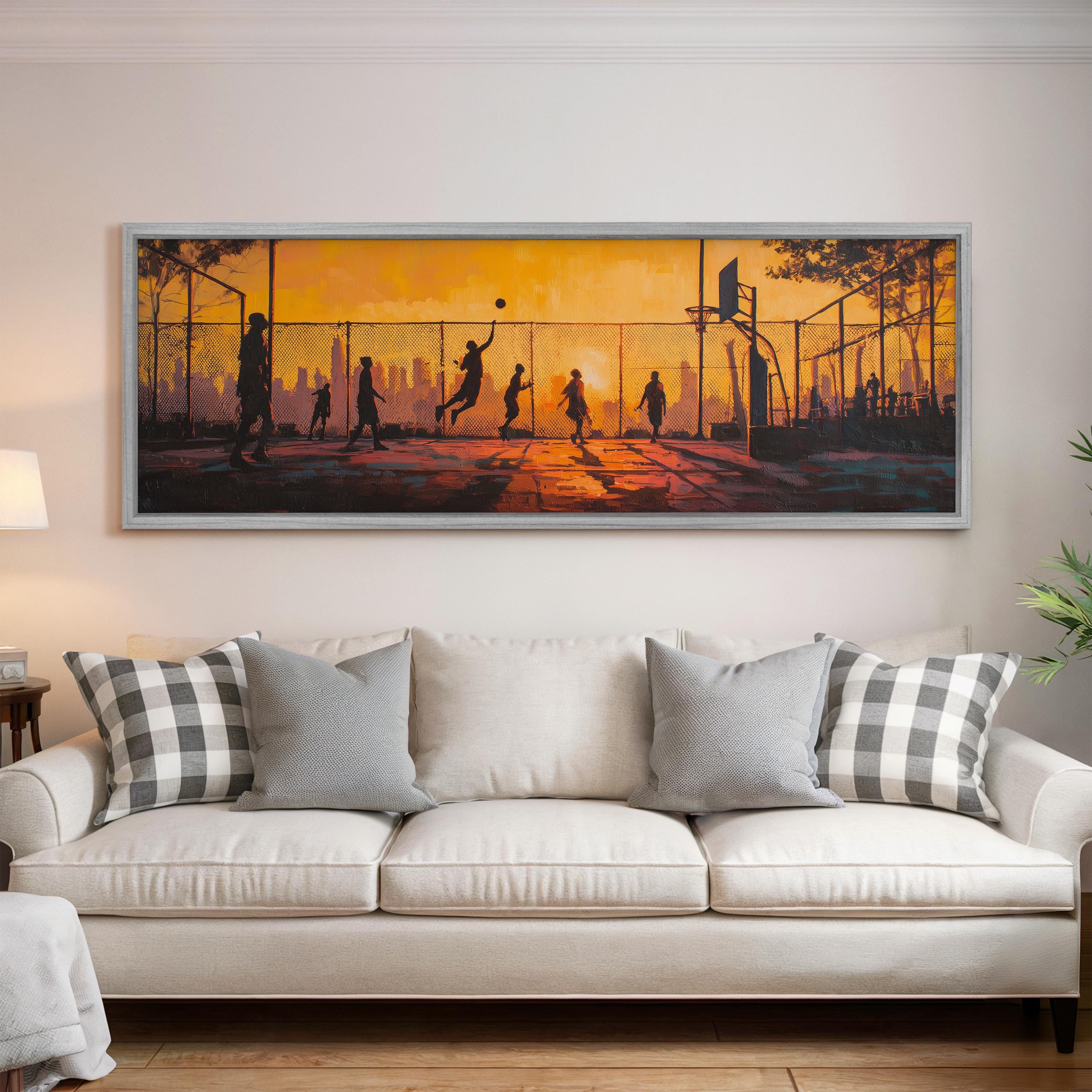 a large painting of people playing basketball on a court, with a city skyline in the background.