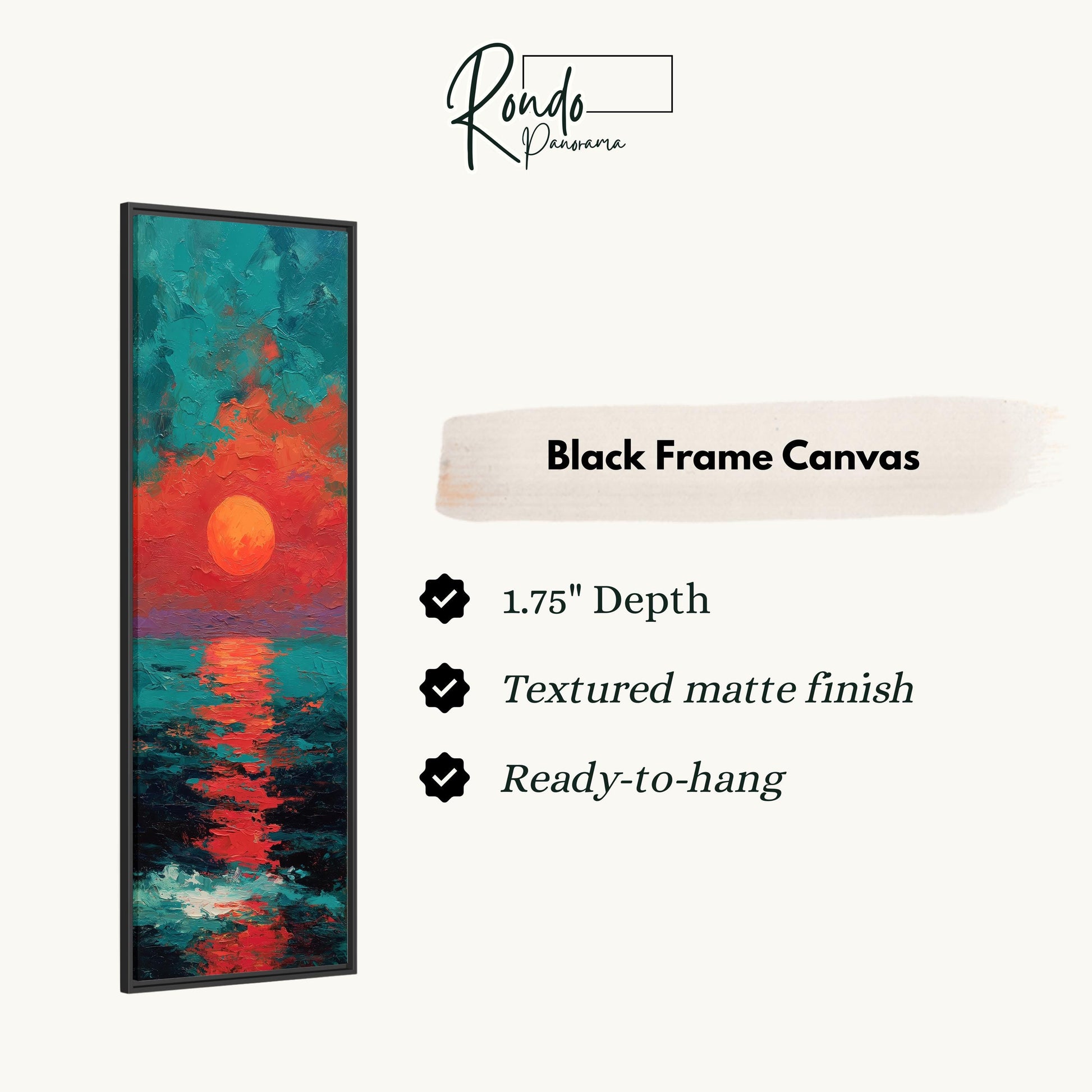 The image is a black frame canvas with a painting of a sunset over the ocean.