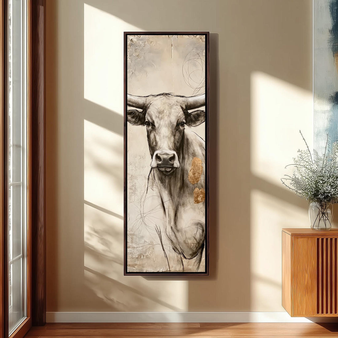 Sketched cow portrait in neutral tones long vertical canvas print in a sunlit living space
