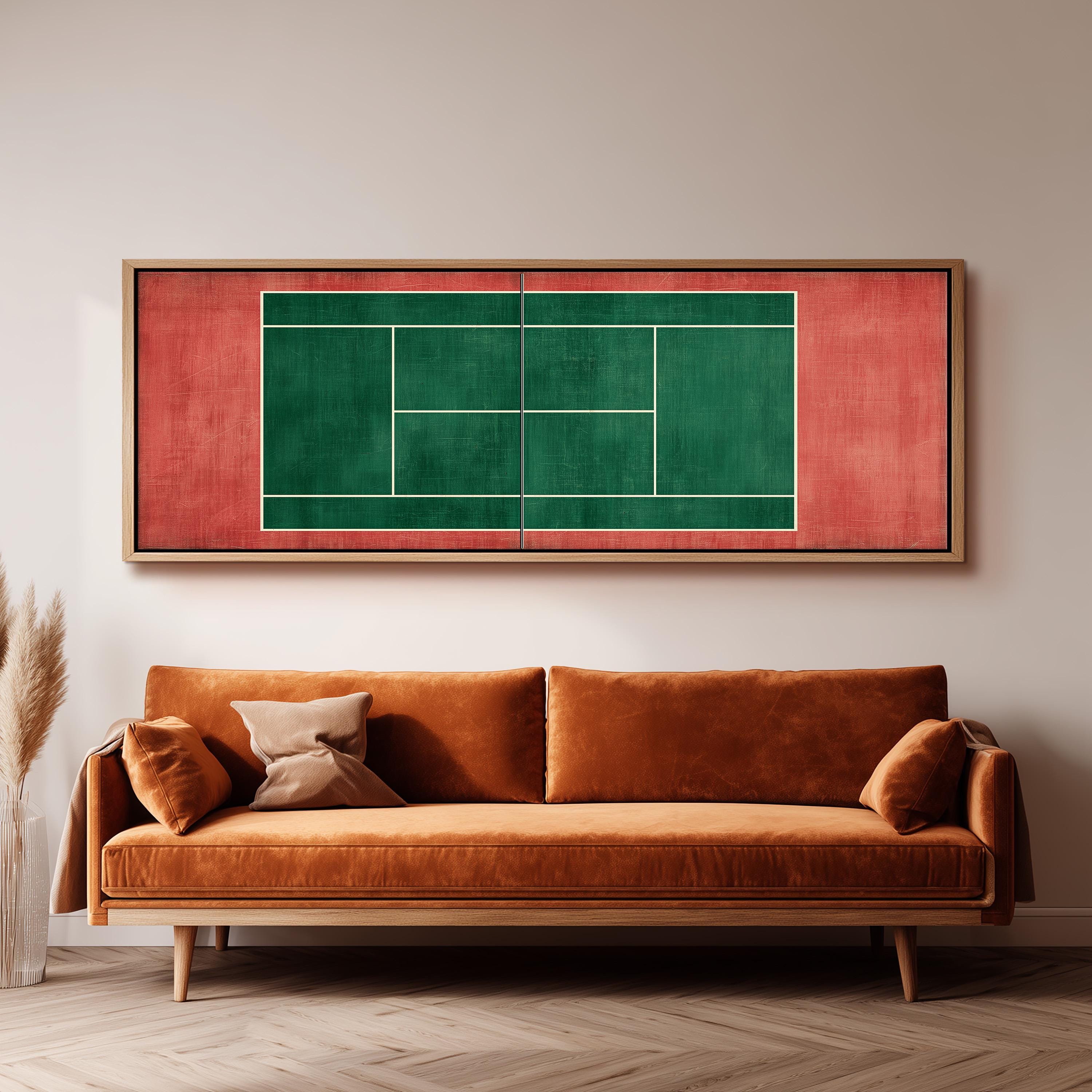 a large, framed painting of a tennis court on a wall above a brown sofa in a living room setting.