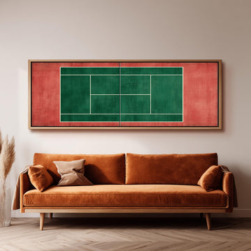 a large, framed painting of a tennis court on a wall above a brown sofa in a living room setting.