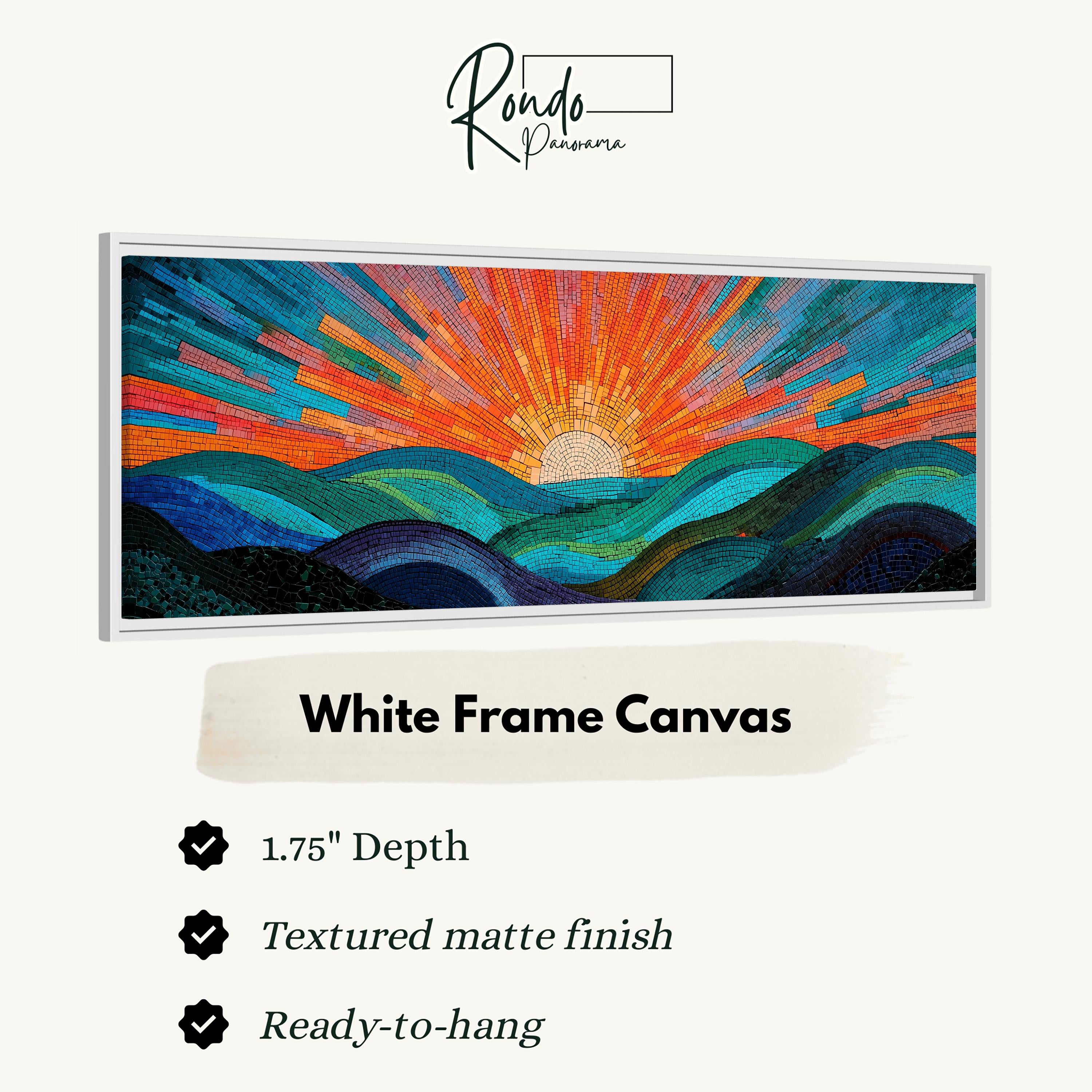 The image is a white frame canvas depicting a vibrant sunset over a mountainous landscape.