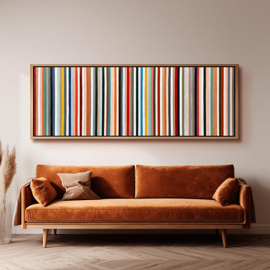 Rainbow pinstripes long horizontal canvas print above a sofa in a living room