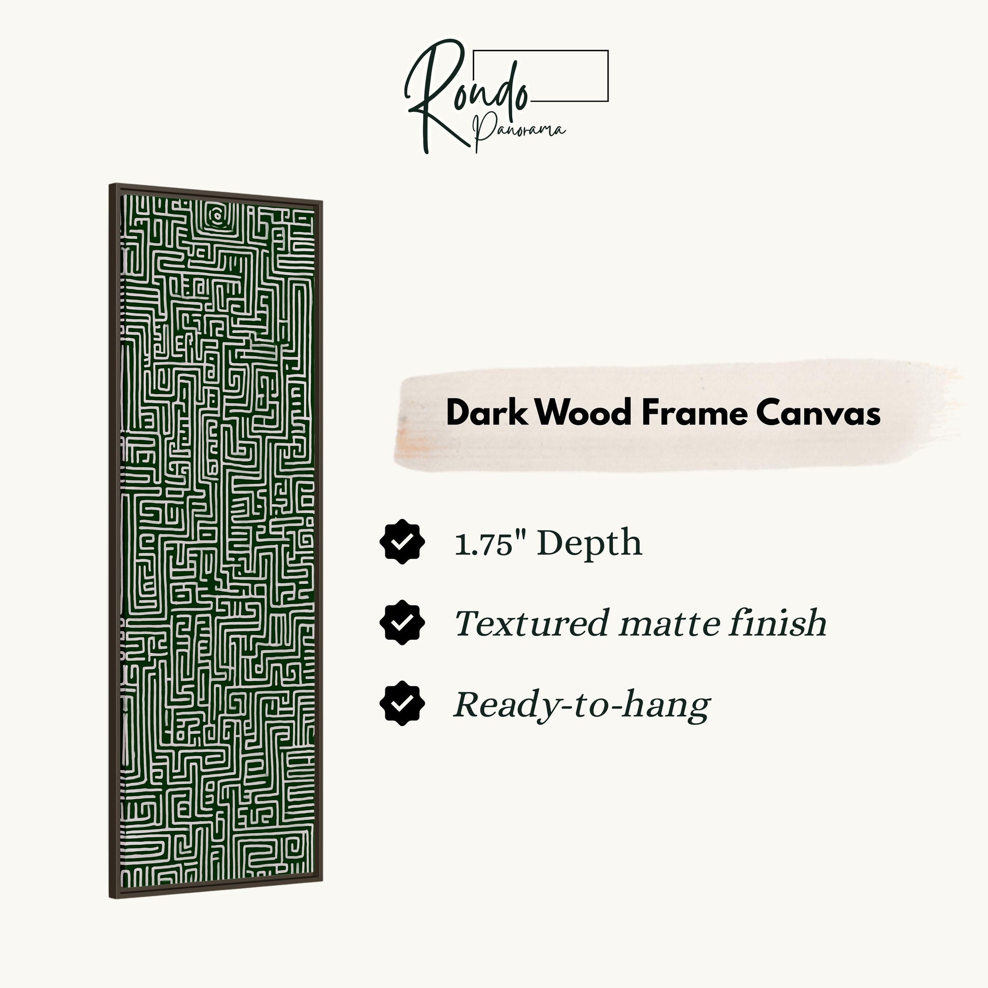 a dark wood frame canvas with a green maze pattern.