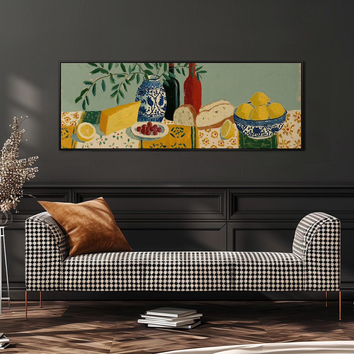 Cheese, wine and lemon spread long horizontal canvas print above a dining table