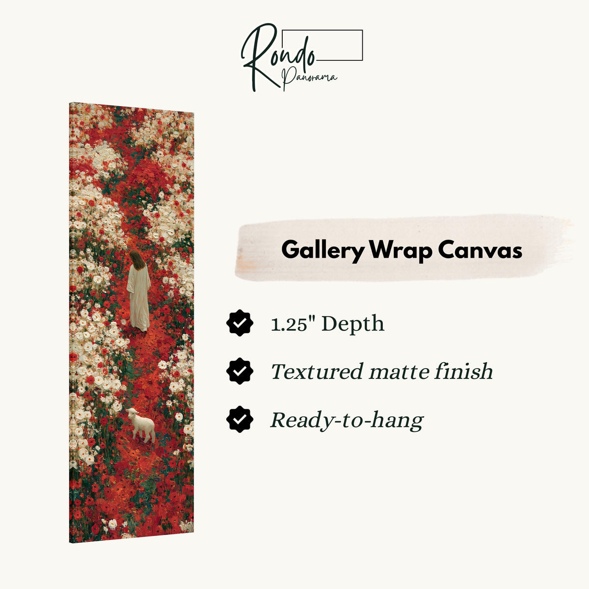 Jesus with a lamb in a red flower field gallery wrap canvas with the image wrapped around the edges