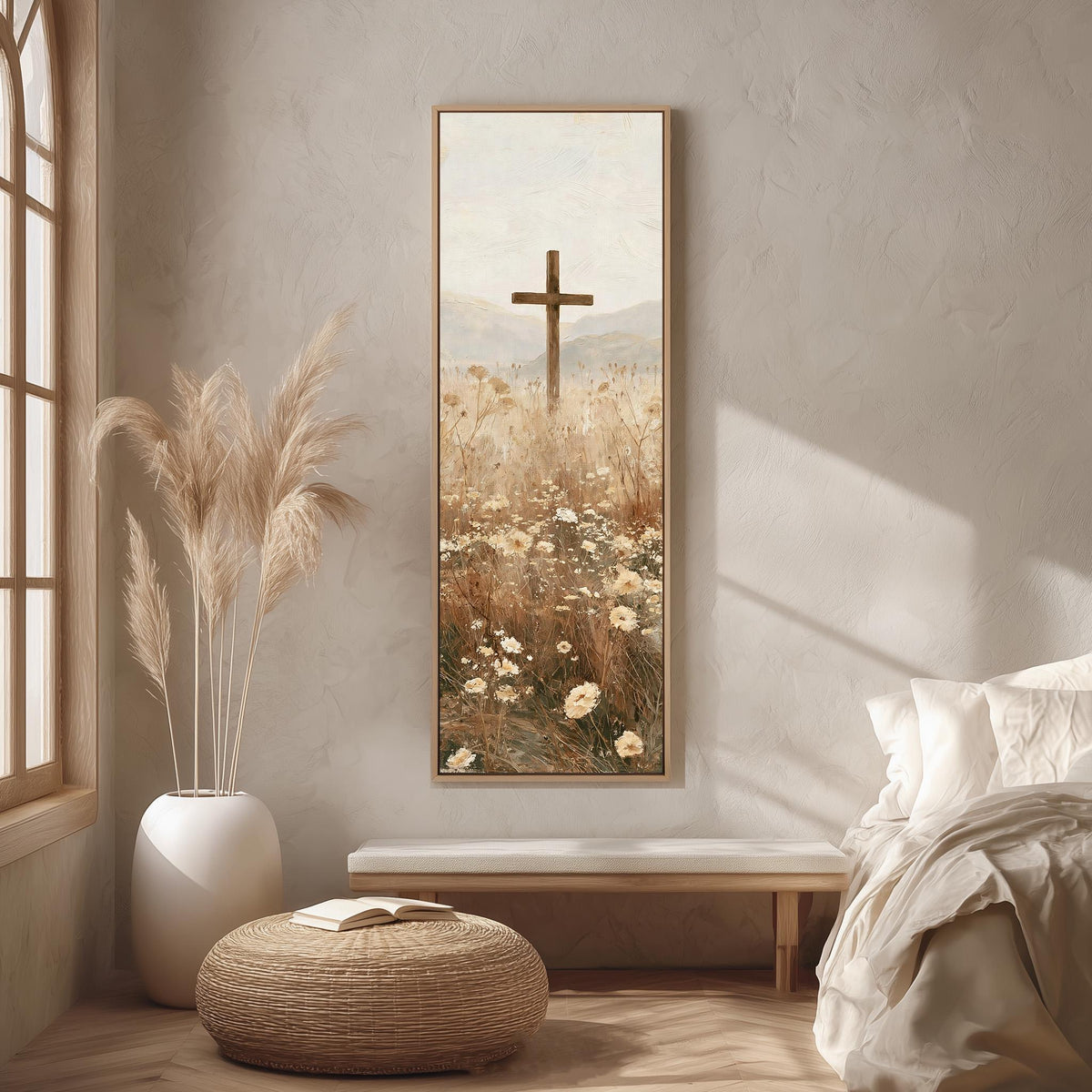 Wooden cross in a daisy field long vertical canvas print in a bright reading corner