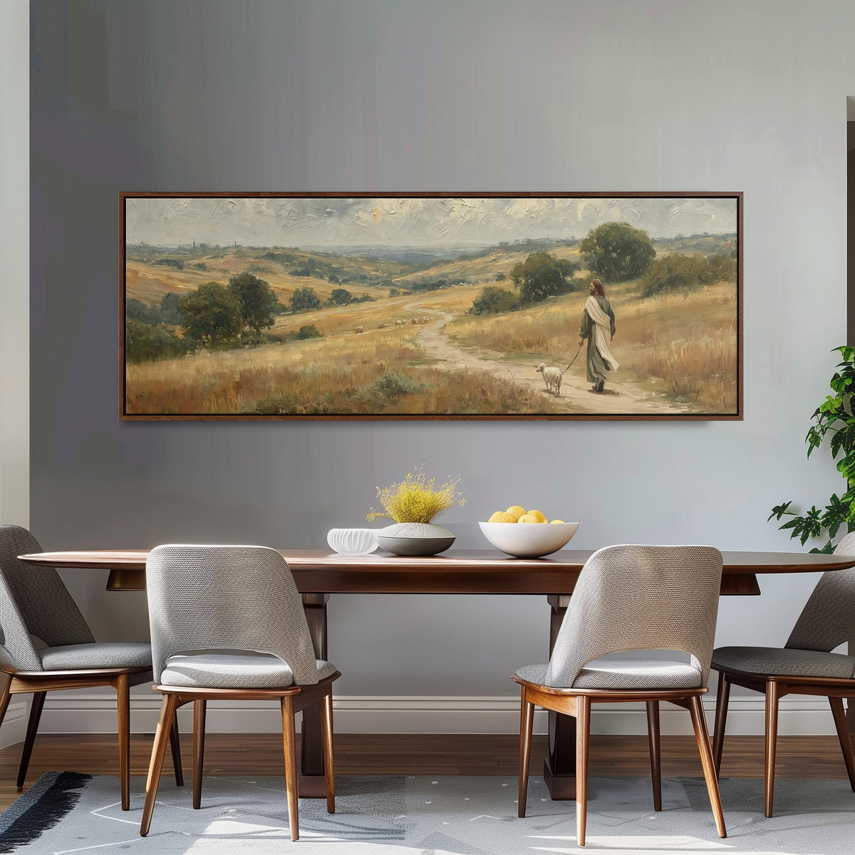 Jesus walking with a sheep on a golden hillside long horizontal canvas print above a dining table