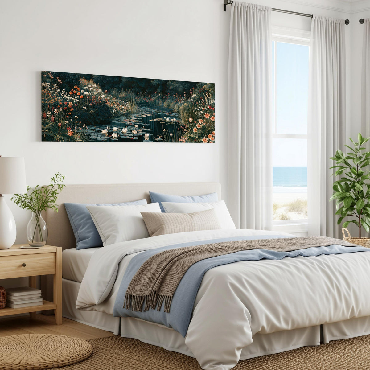 Lily pond surrounded by wildflowers panoramic canvas print above a bed in a coastal bedroom
