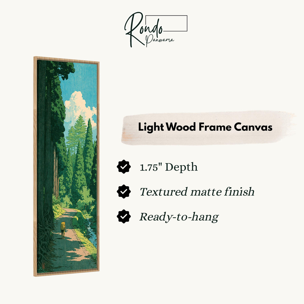 Hiker on a forest trail in a woodblock style canvas print in a light wood floating frame