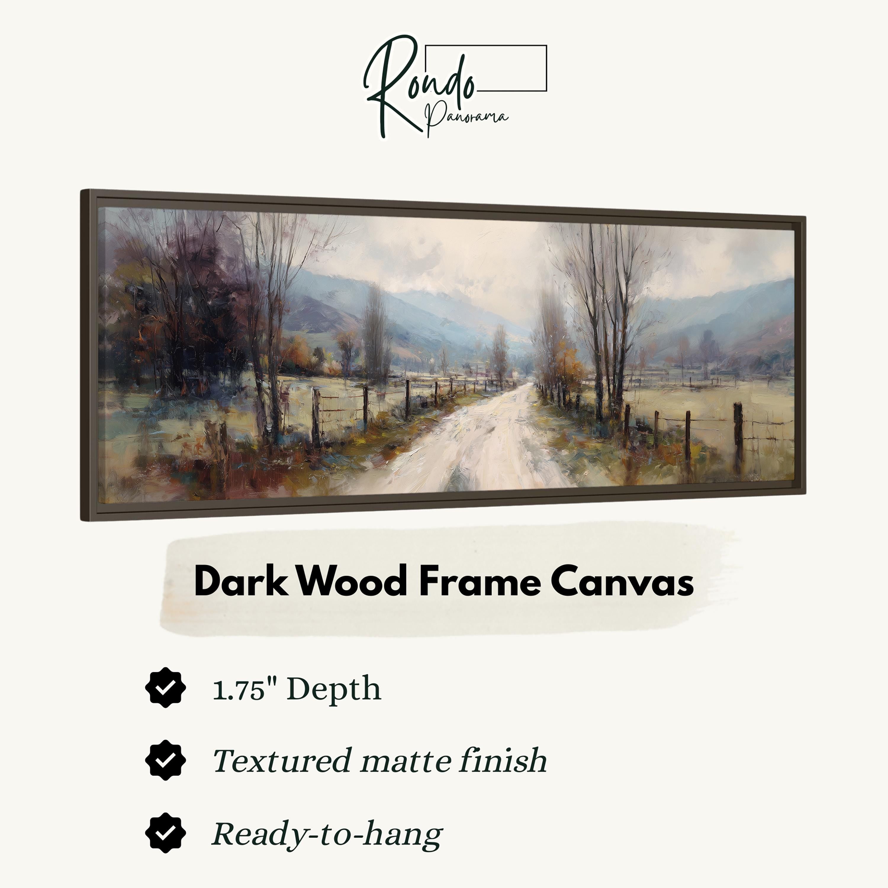 The image is a framed painting depicting a rural landscape with a dirt road leading through a field of trees.