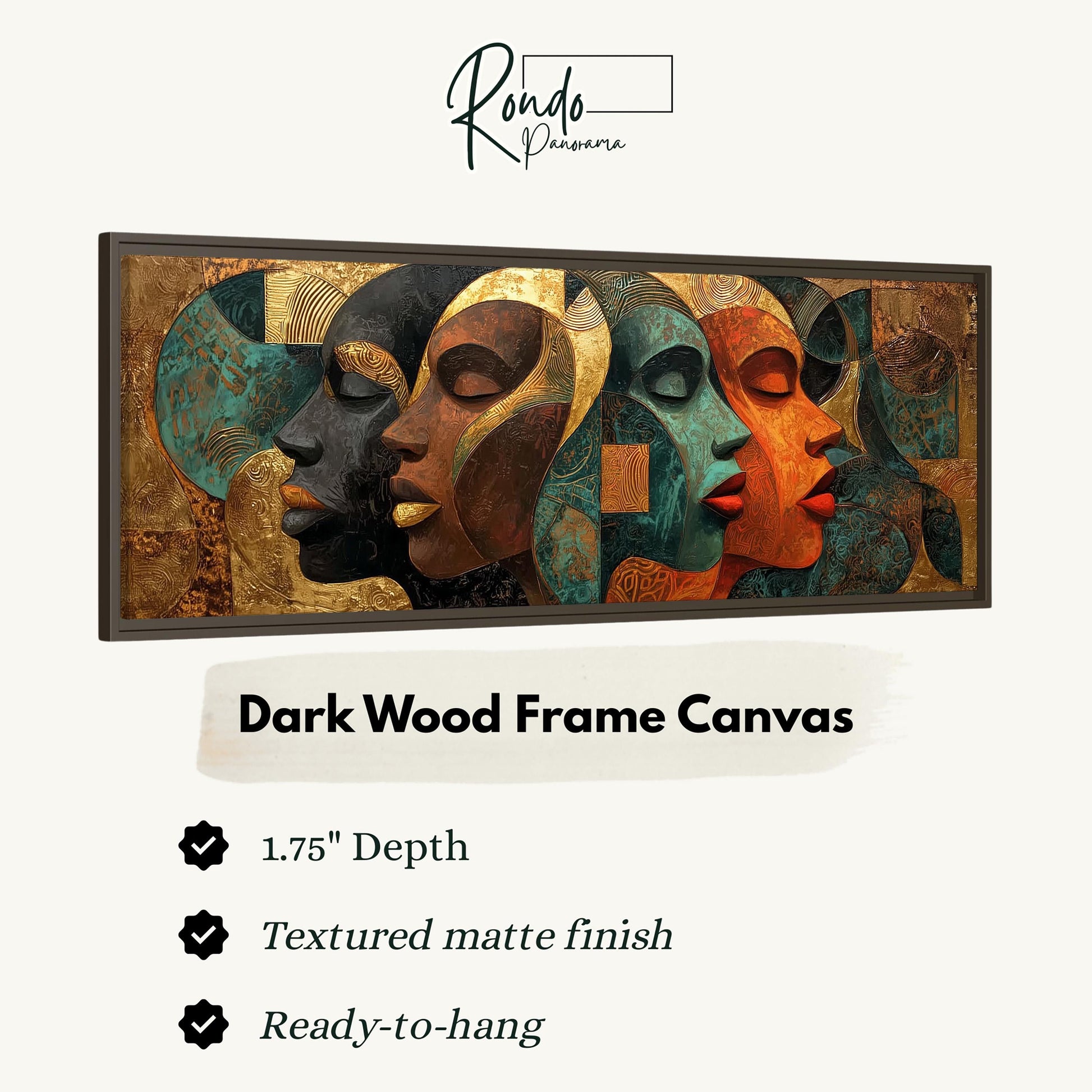 The image is a framed artwork depicting three stylized human faces in different colors and expressions, with a dark wood frame.