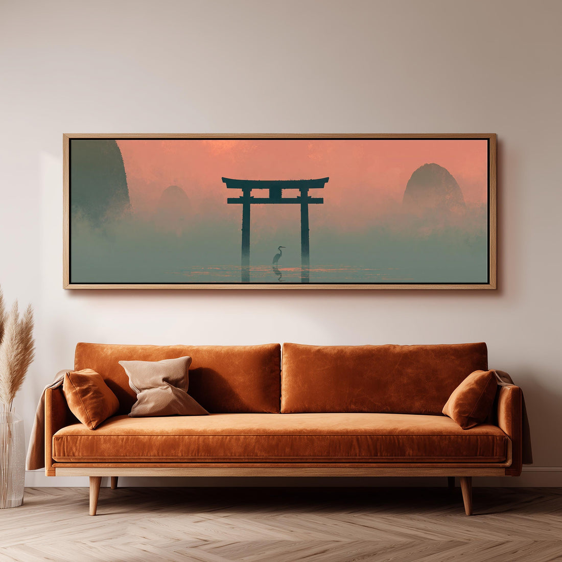 Torii gate and heron in pink mist long horizontal canvas print above a sofa in a living room