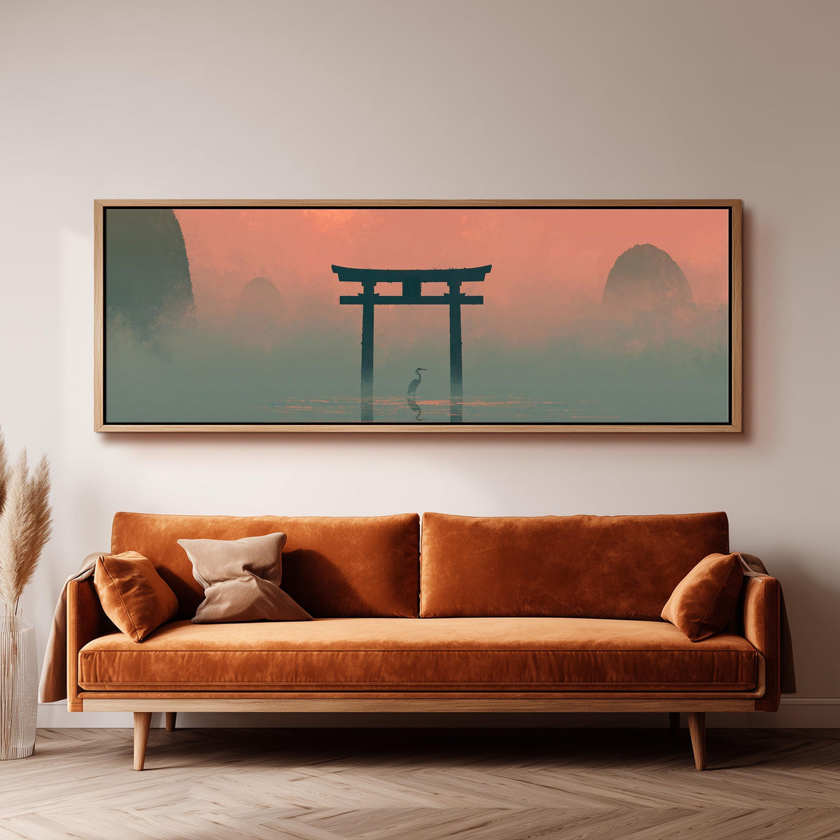 Torii gate and heron in pink mist panoramic canvas print above a sofa in a living room
