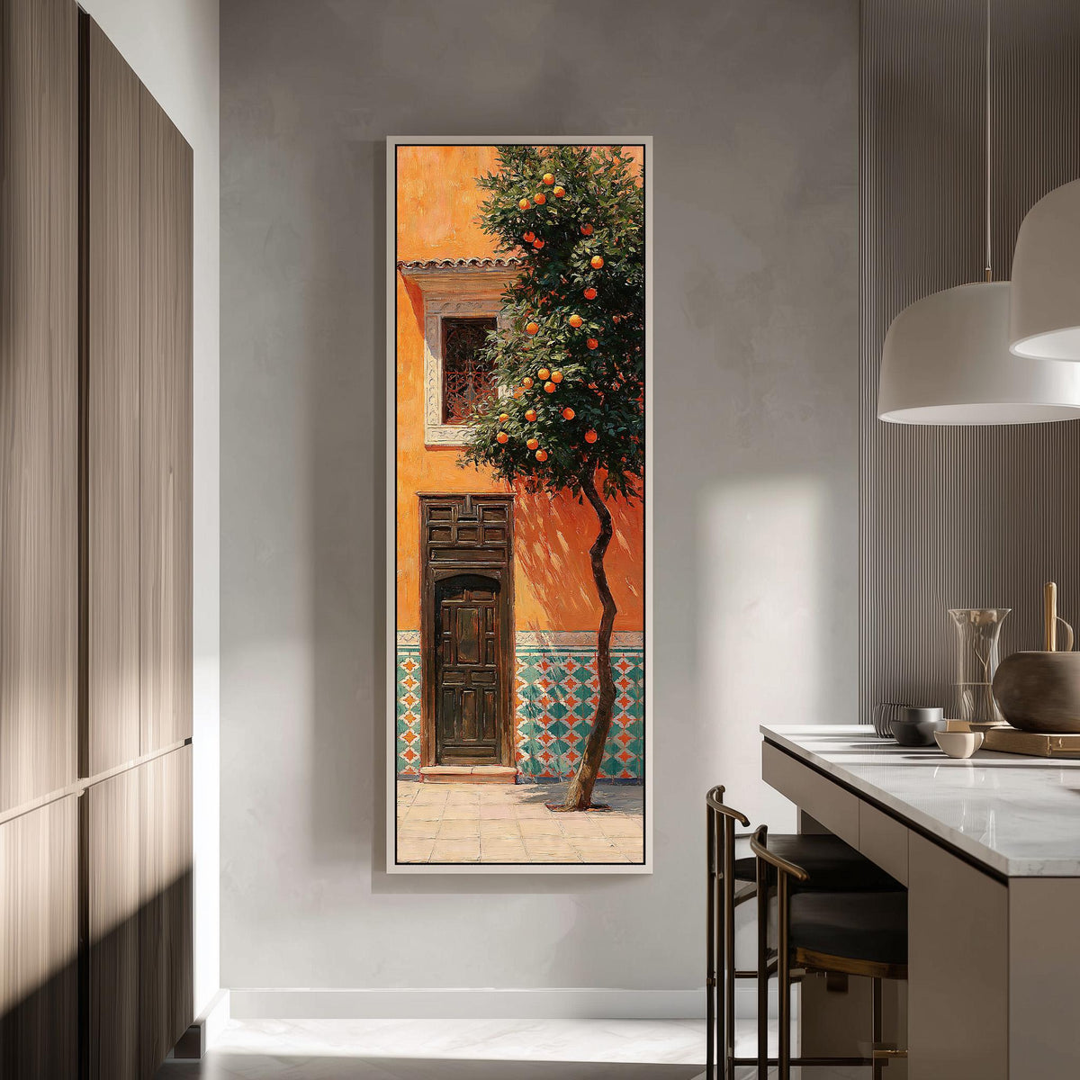 Orange tree beside a carved courtyard door tall skinny canvas print in a modern kitchen