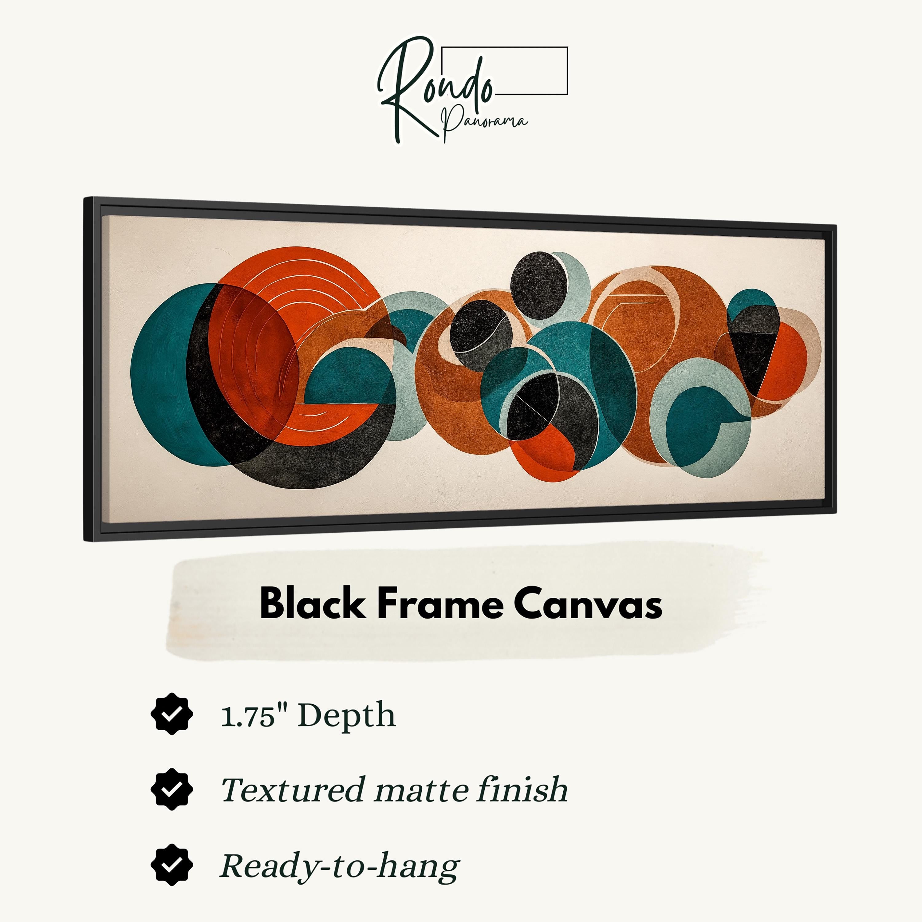 The image is a framed artwork featuring abstract geometric shapes in various colors, including orange, blue, and green.