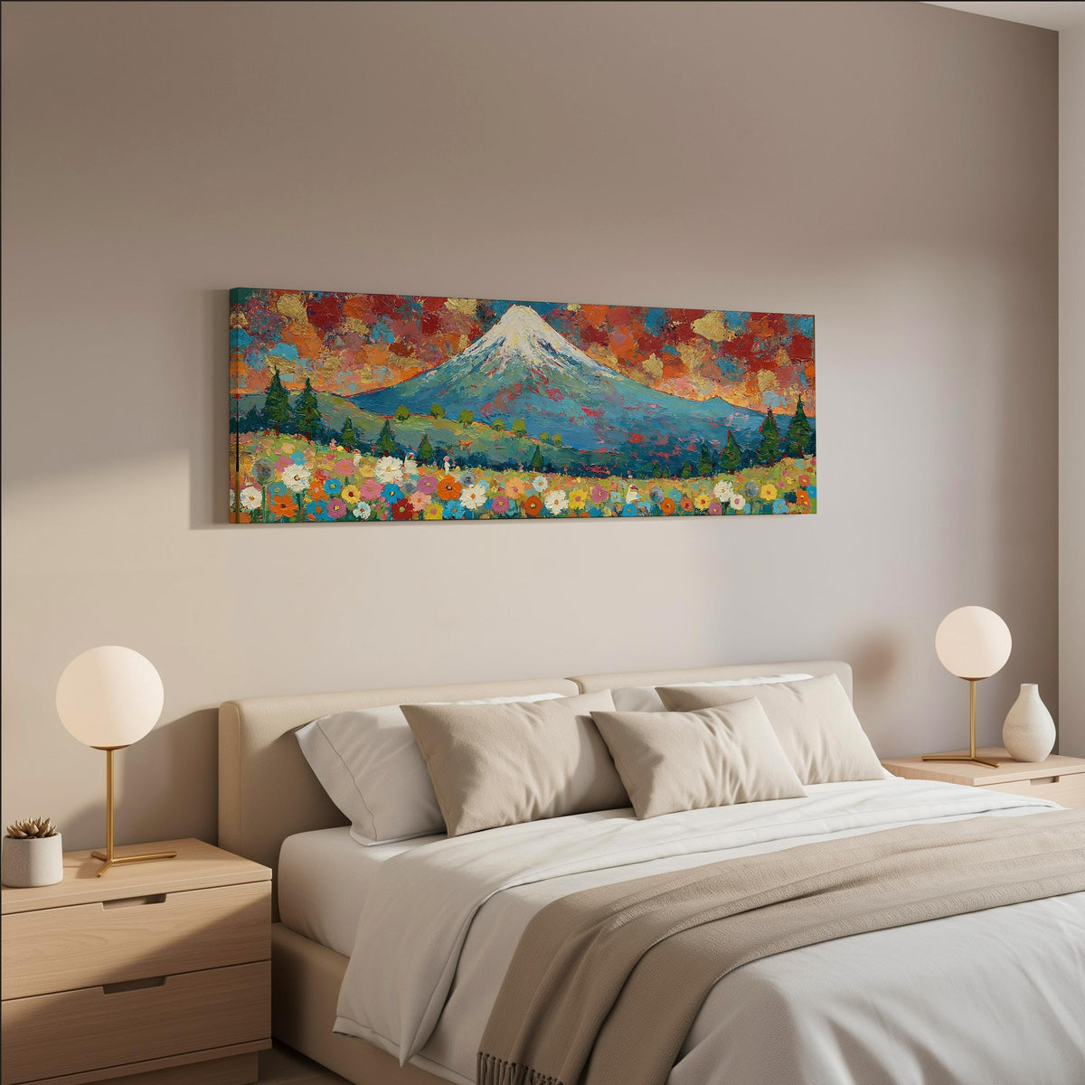 Mount Fuji above autumn trees and wildflowers wide panoramic canvas print above a bed in a neutral bedroom