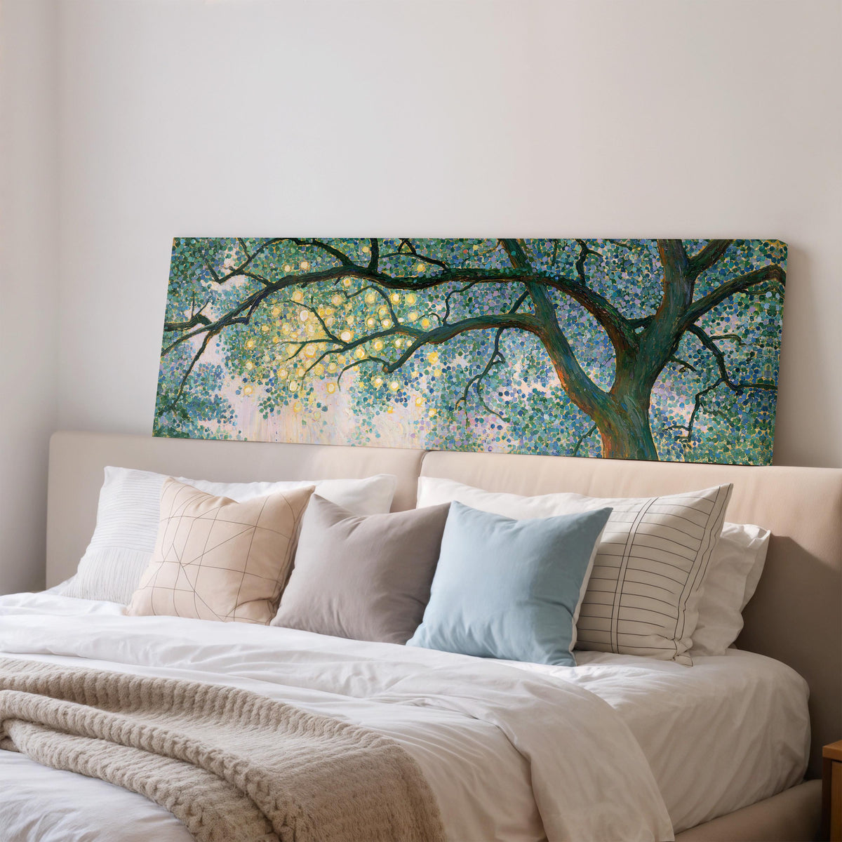 Tree canopy with golden light wide panoramic canvas print above a bed in a bedroom