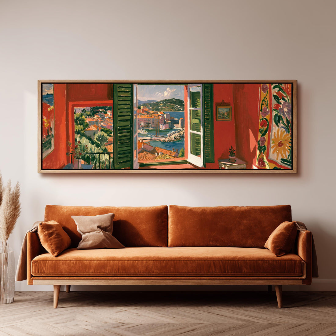 Saint Tropez harbor through a red room window long horizontal canvas print above a sofa in a living room