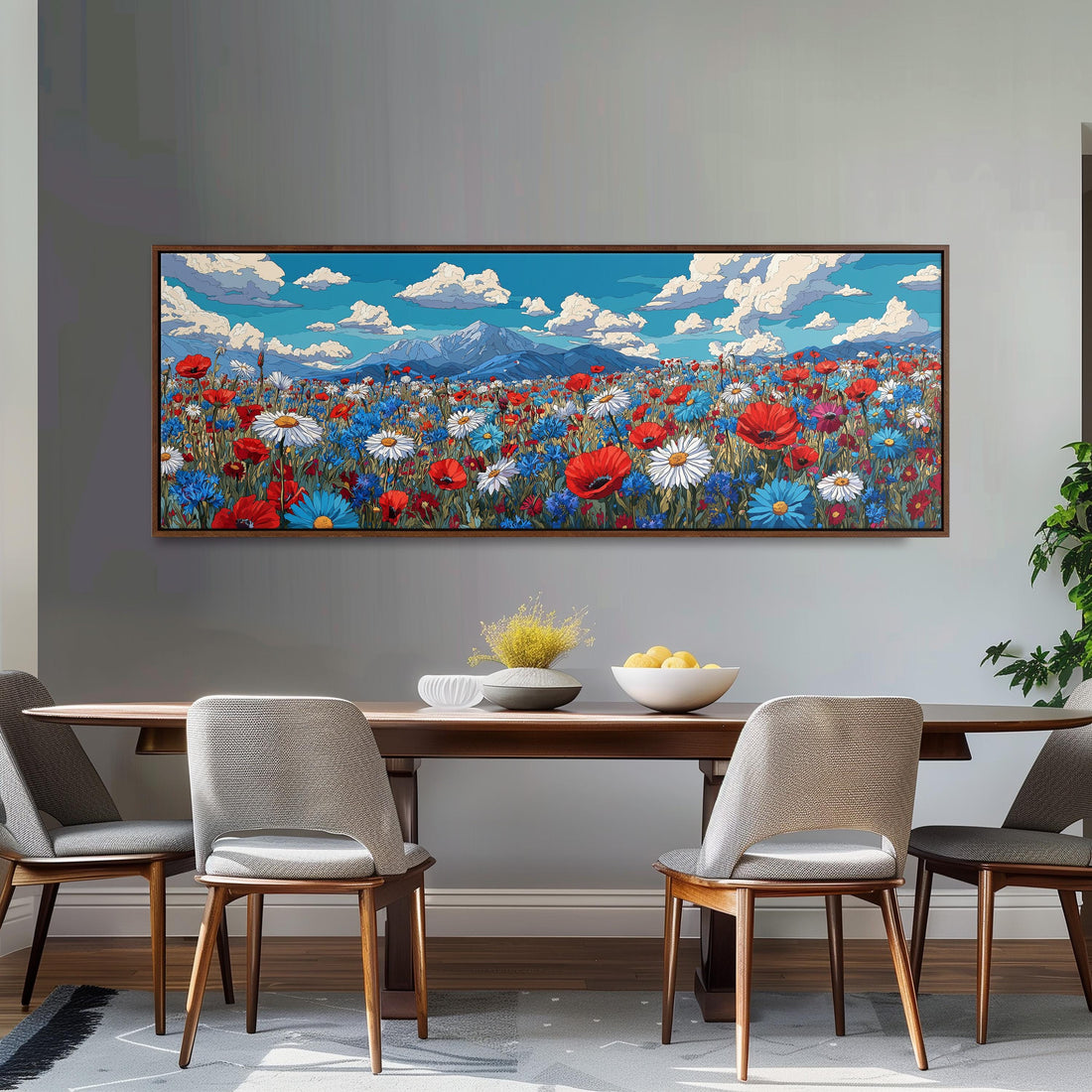 a large painting of a colorful flower field hanging on a wall above a wooden dining table with four chairs.