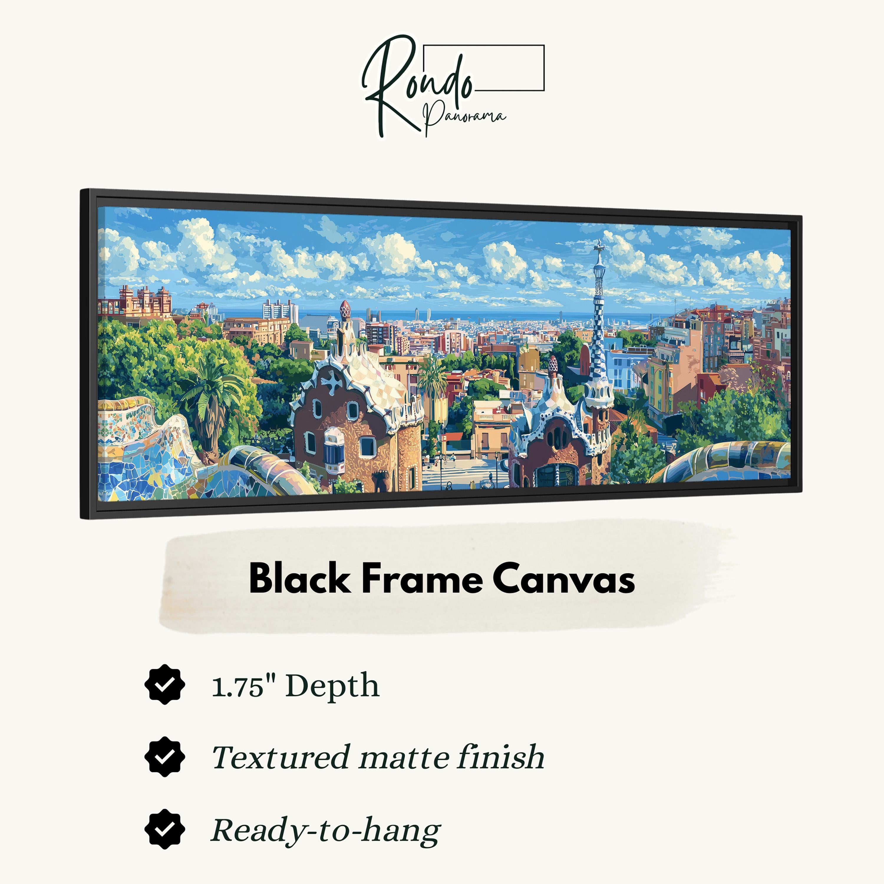 The image is a black frame canvas depicting a cityscape with buildings, trees, and a clear blue sky.