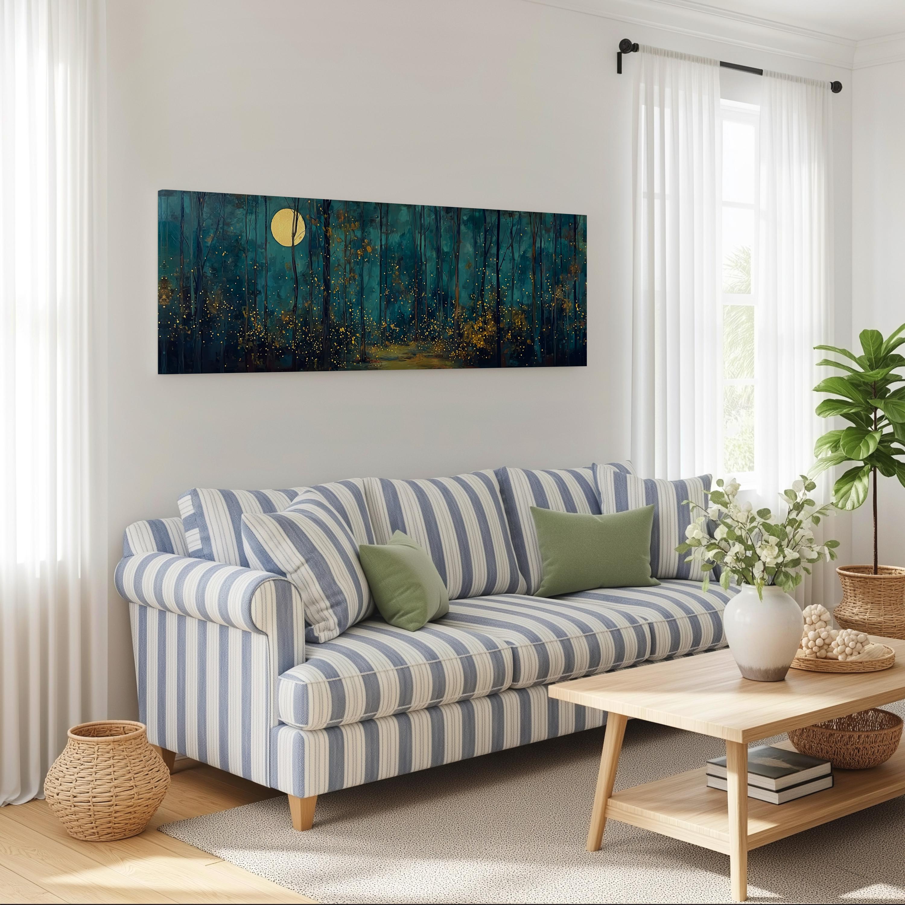 a cozy living room with a striped sofa, a coffee table, and a large painting of a forest scene hanging on the wall.