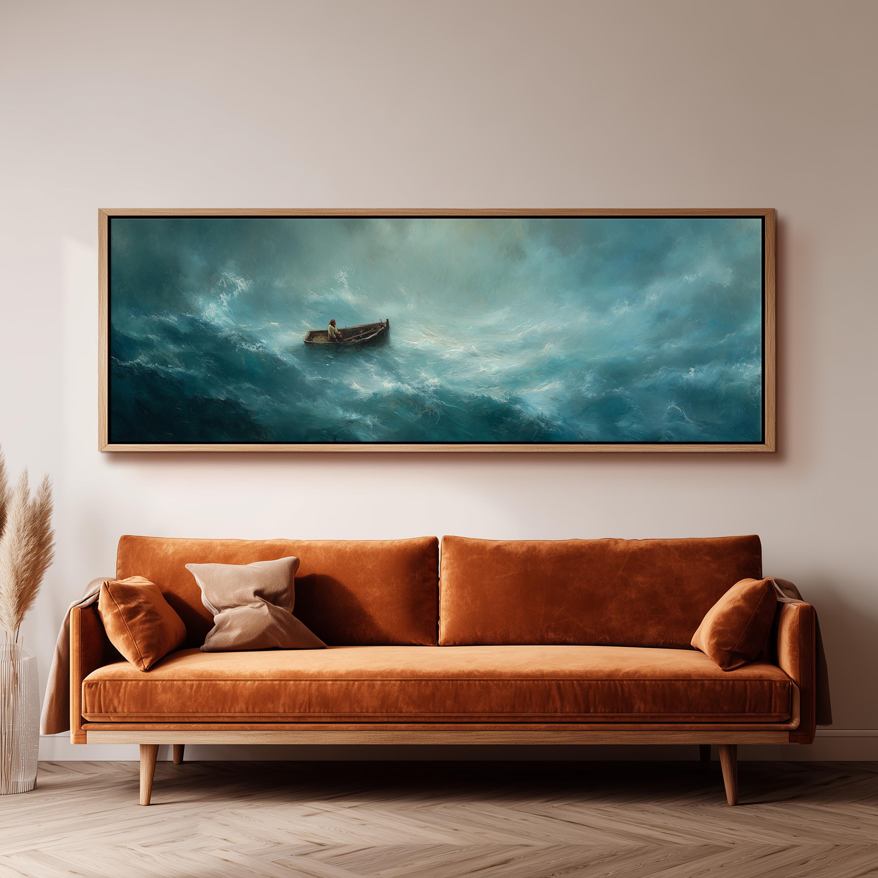 a large painting of a boat on a stormy sea hanging on a wall above a brown sofa.