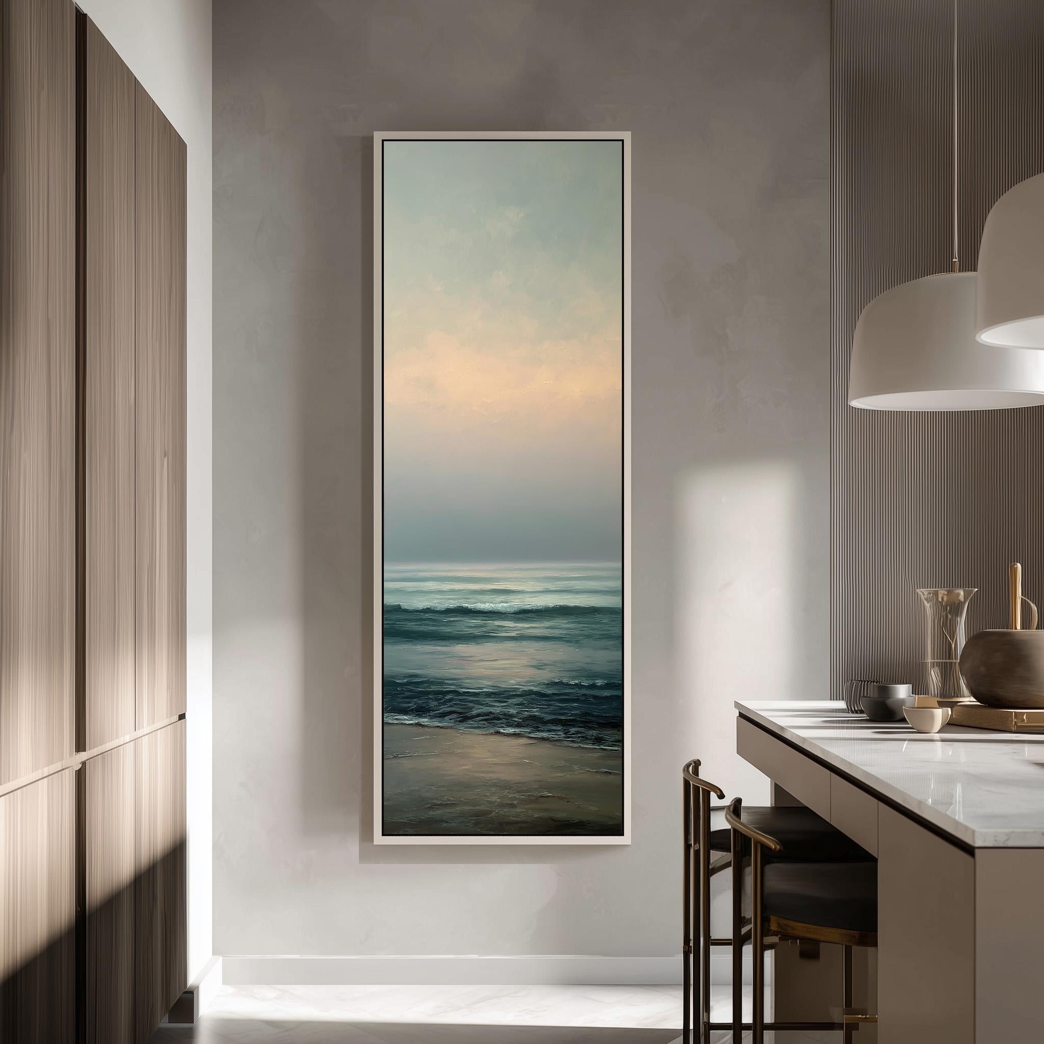 a large, framed painting of a serene ocean scene hanging on a wall in a modern kitchen.