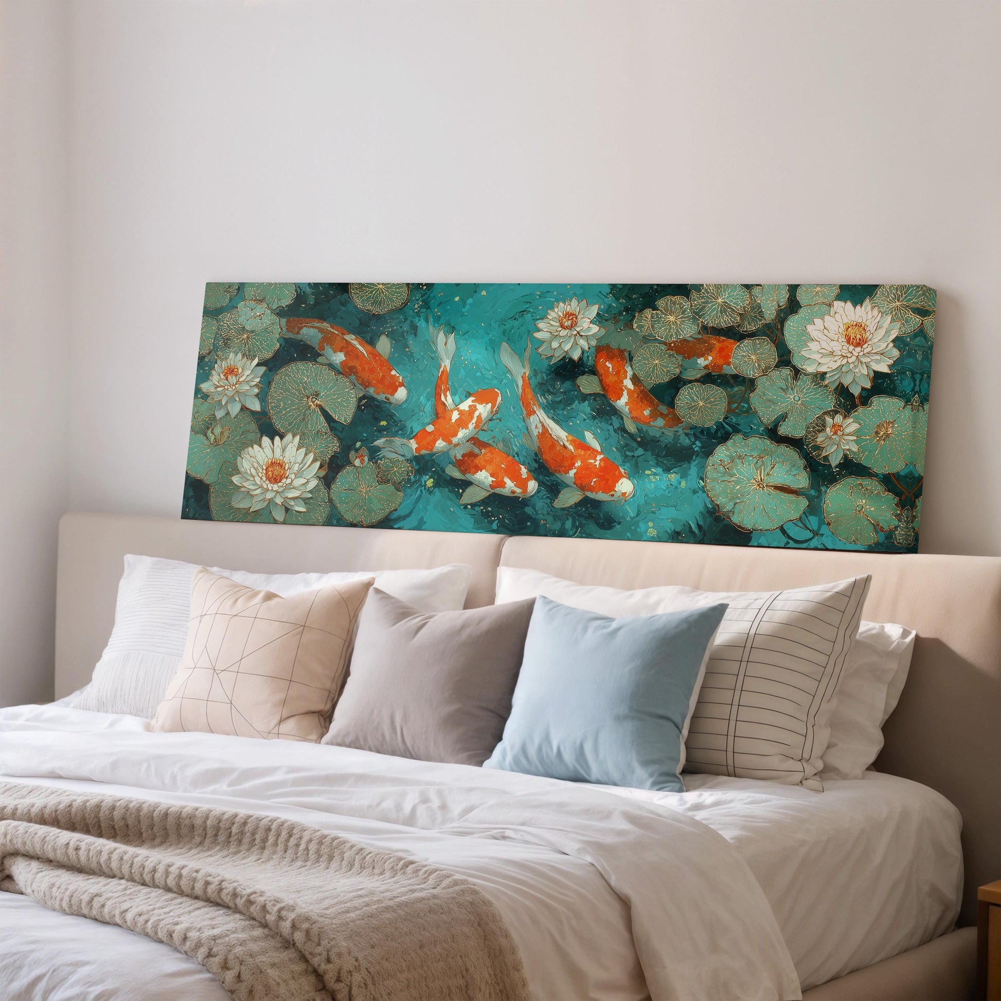 a large painting of koi fish swimming in a pond, displayed on a wall above a bed with white pillows and a gray blanket.