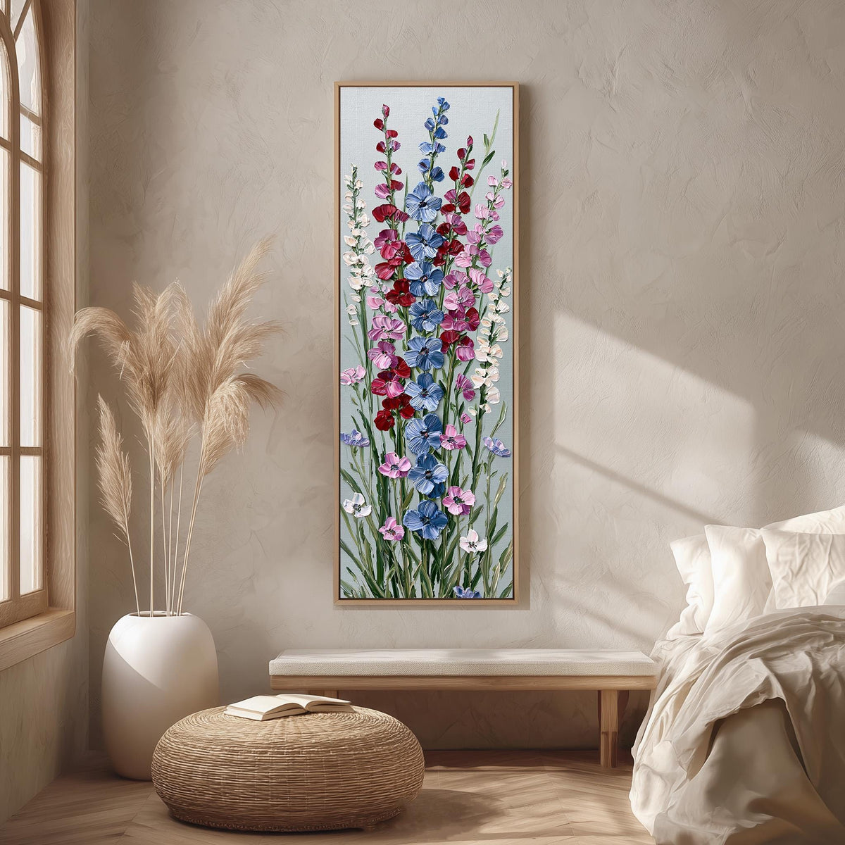 Tall delphinium flower stalks long vertical canvas print in a bright reading corner
