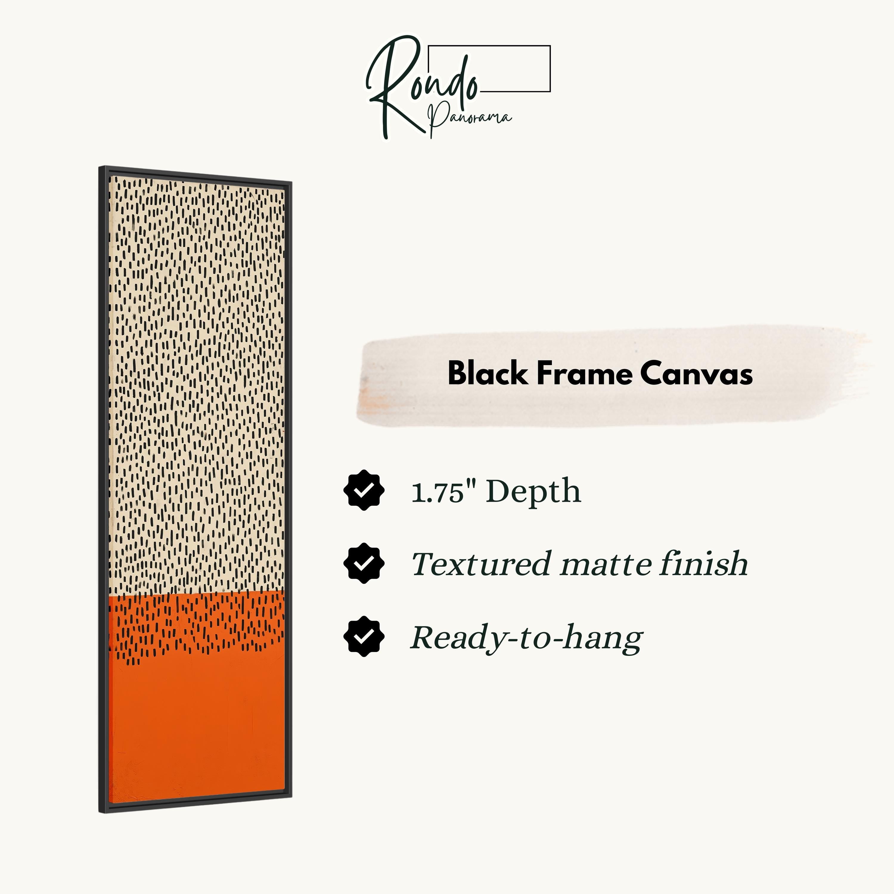 The image is a product description for a black frame canvas. It features a black frame canvas with a pattern of orange and white dots, and provides details about the product, including its dimensions, finish, and hanging capabilities.