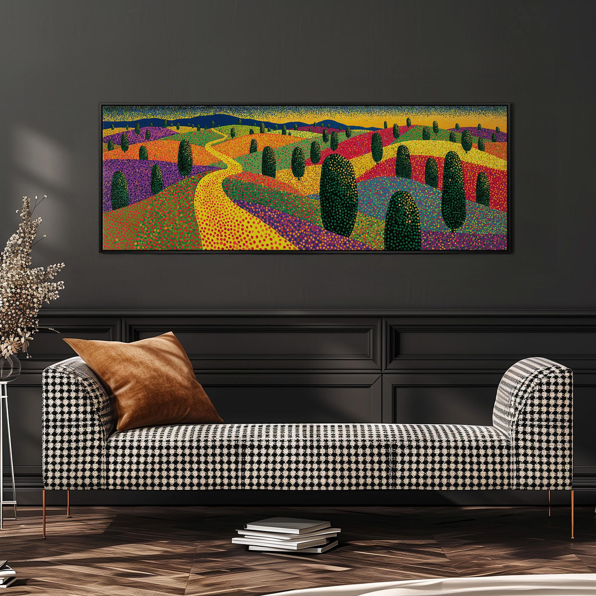 Colorful dotted garden with a winding path wide panoramic canvas print above a bench in a dark living room