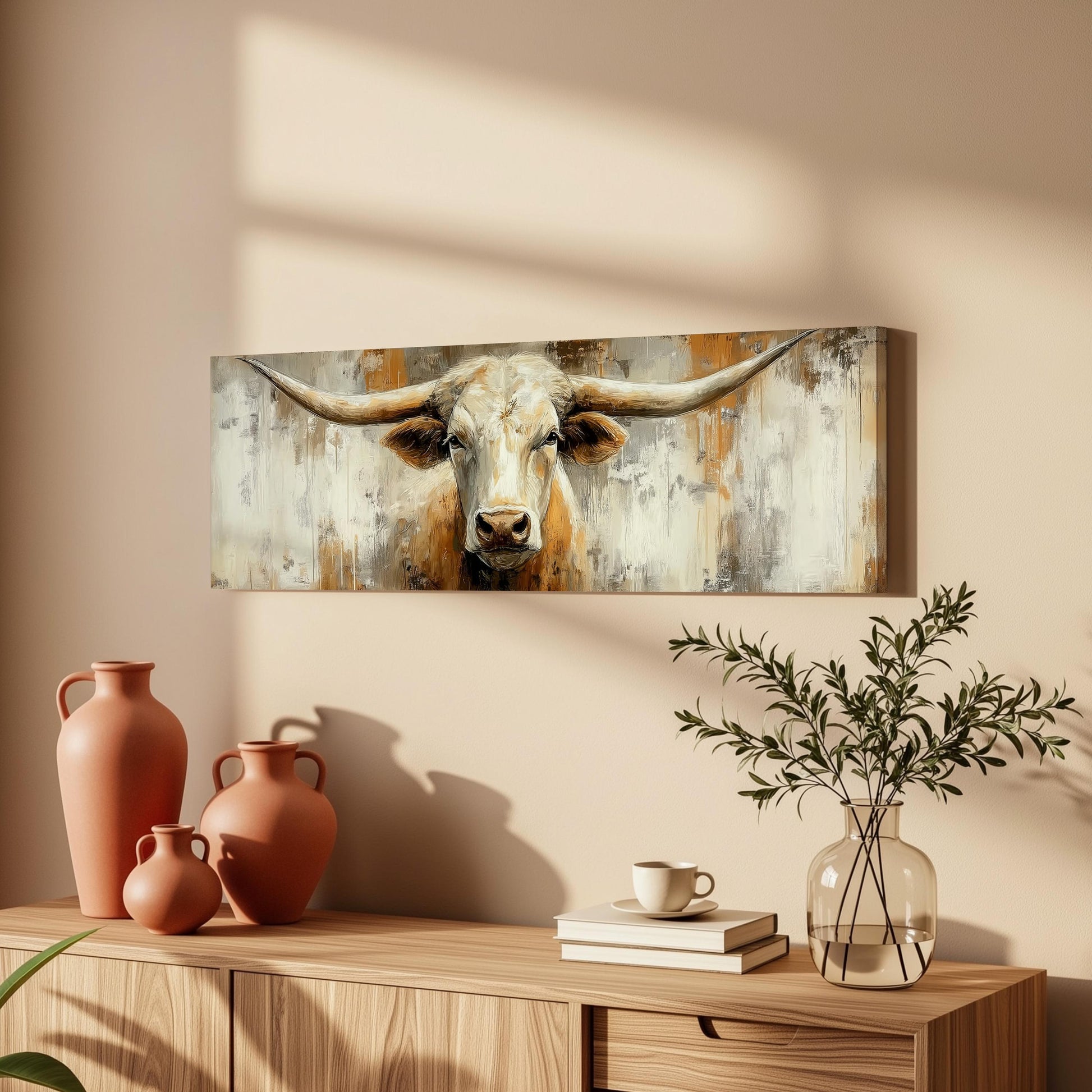 a wooden cabinet with a vase, a plant, and a stack of books on top. Above the cabinet, there is a large painting of a bull's head.