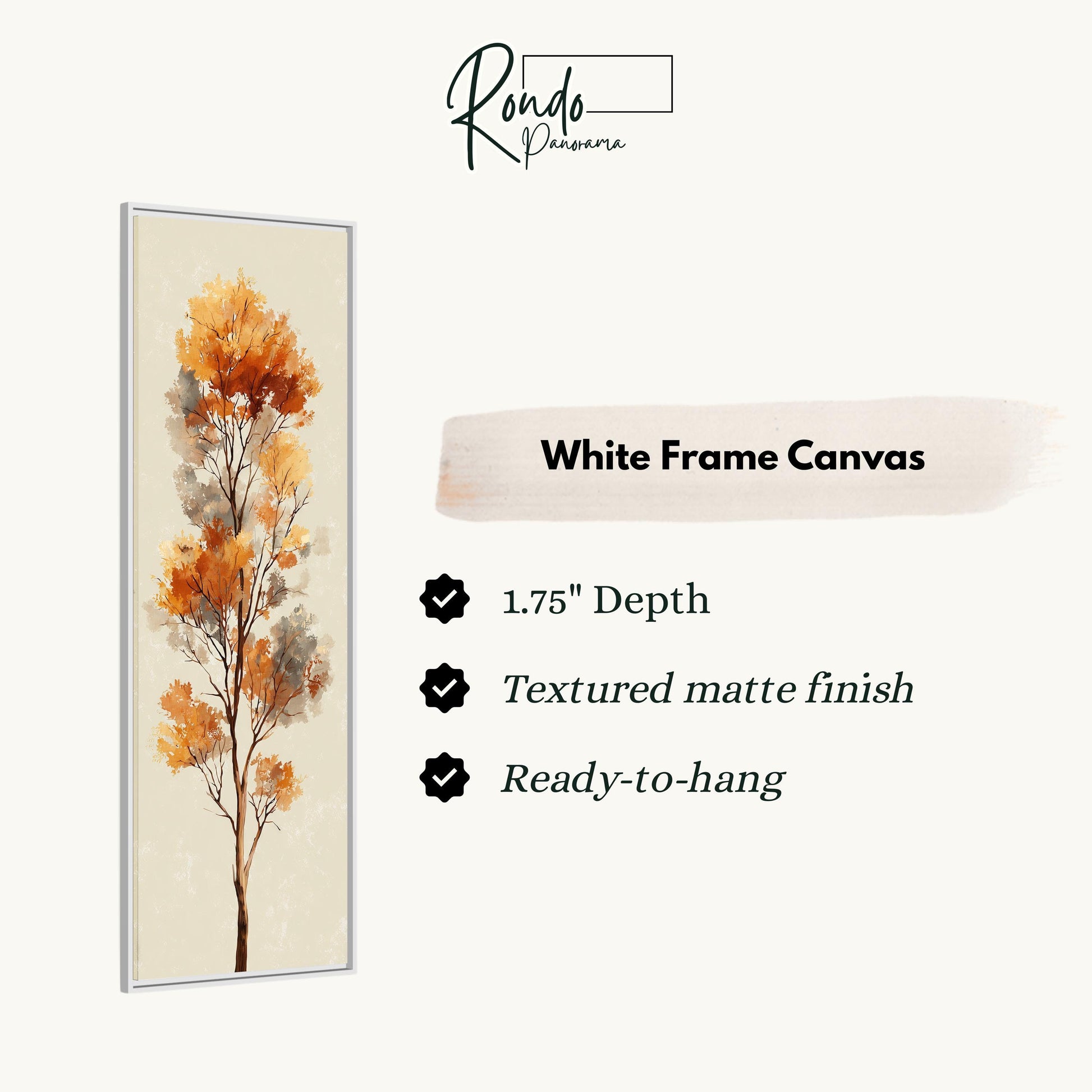 The image is a white frame canvas with a painting of a tree on it. The canvas has a 1.75" depth, a textured matte finish, and is ready to hang.