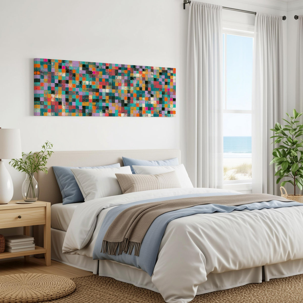 Jewel tone checker mosaic panoramic canvas print above a bed in a coastal bedroom