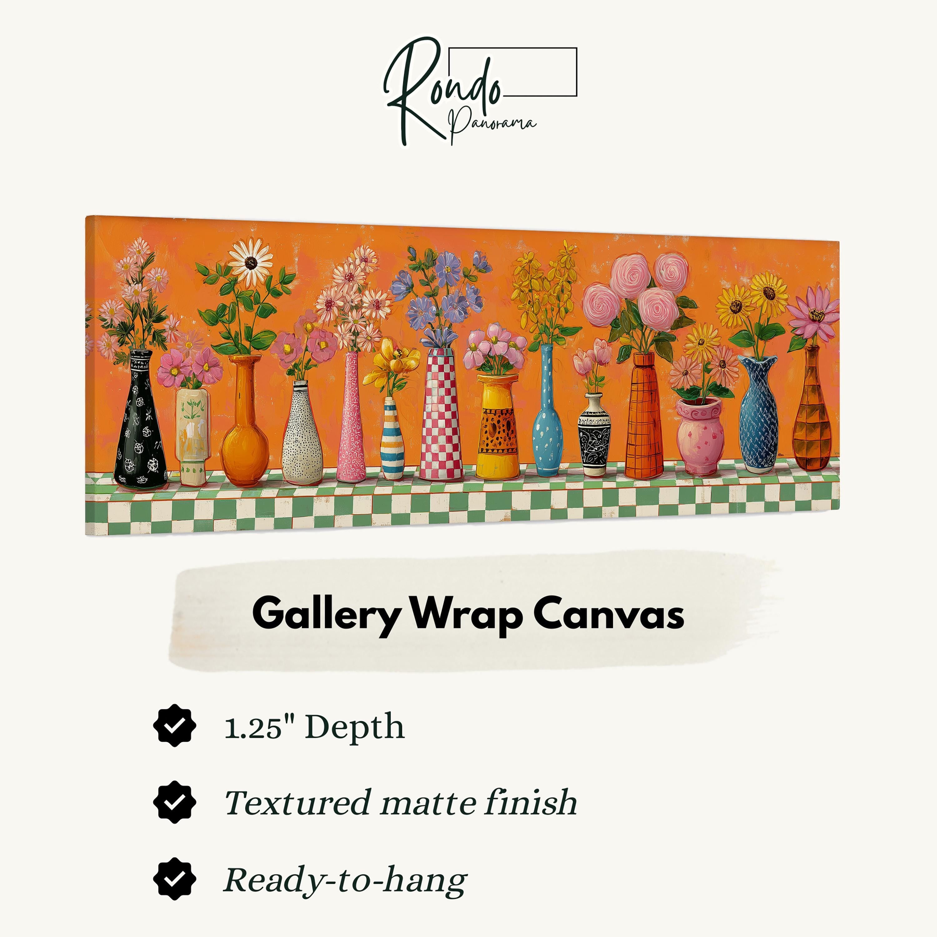 The image is a gallery wrap canvas featuring a row of colorful vases with flowers on a checkered tablecloth.