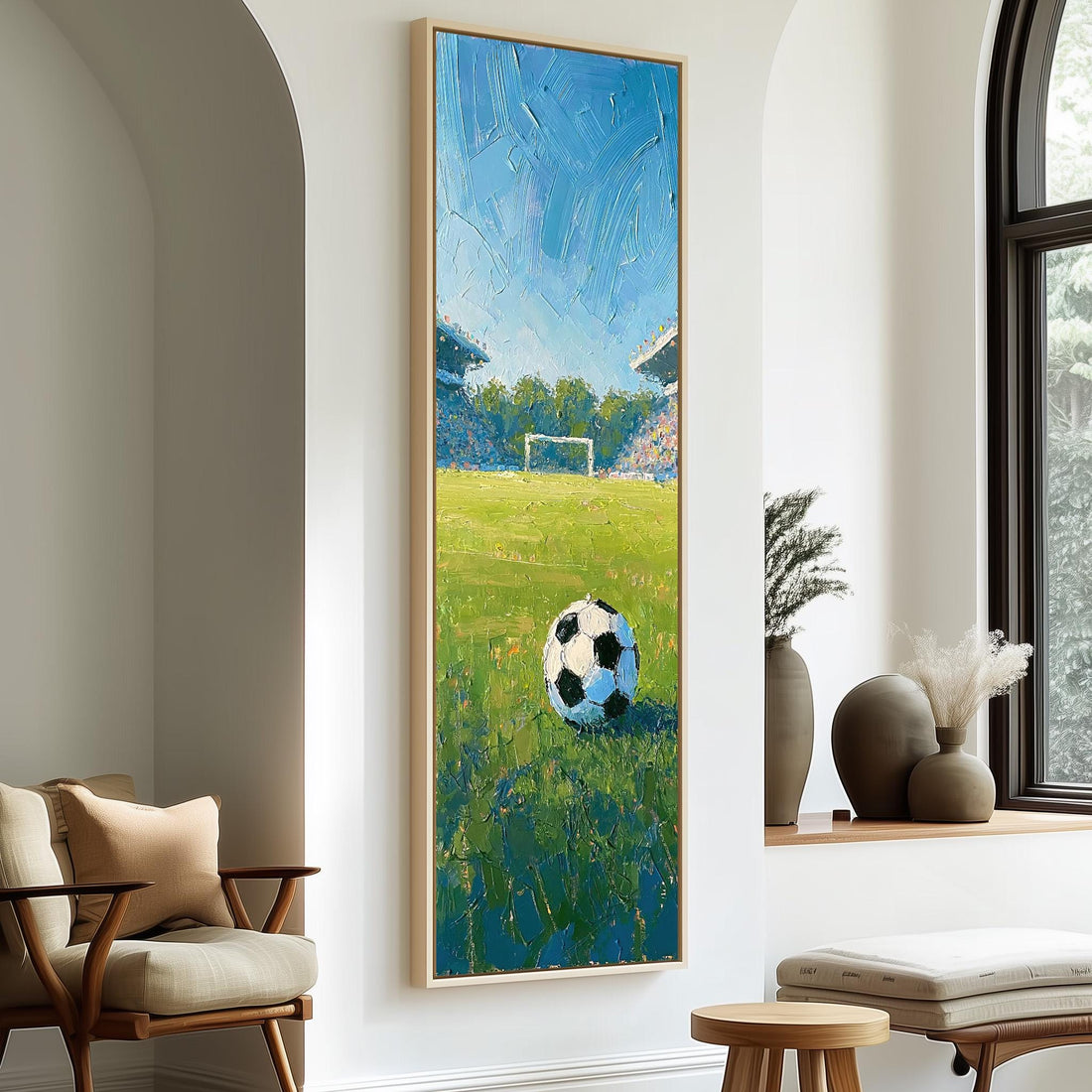 Soccer ball on a stadium pitch long vertical canvas print in a sunlit living space