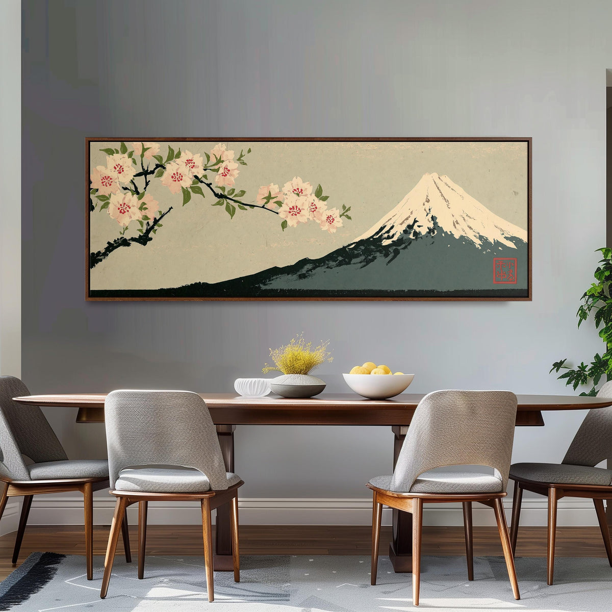 Cherry blossom branch and Mount Fuji long horizontal canvas print above a dining table