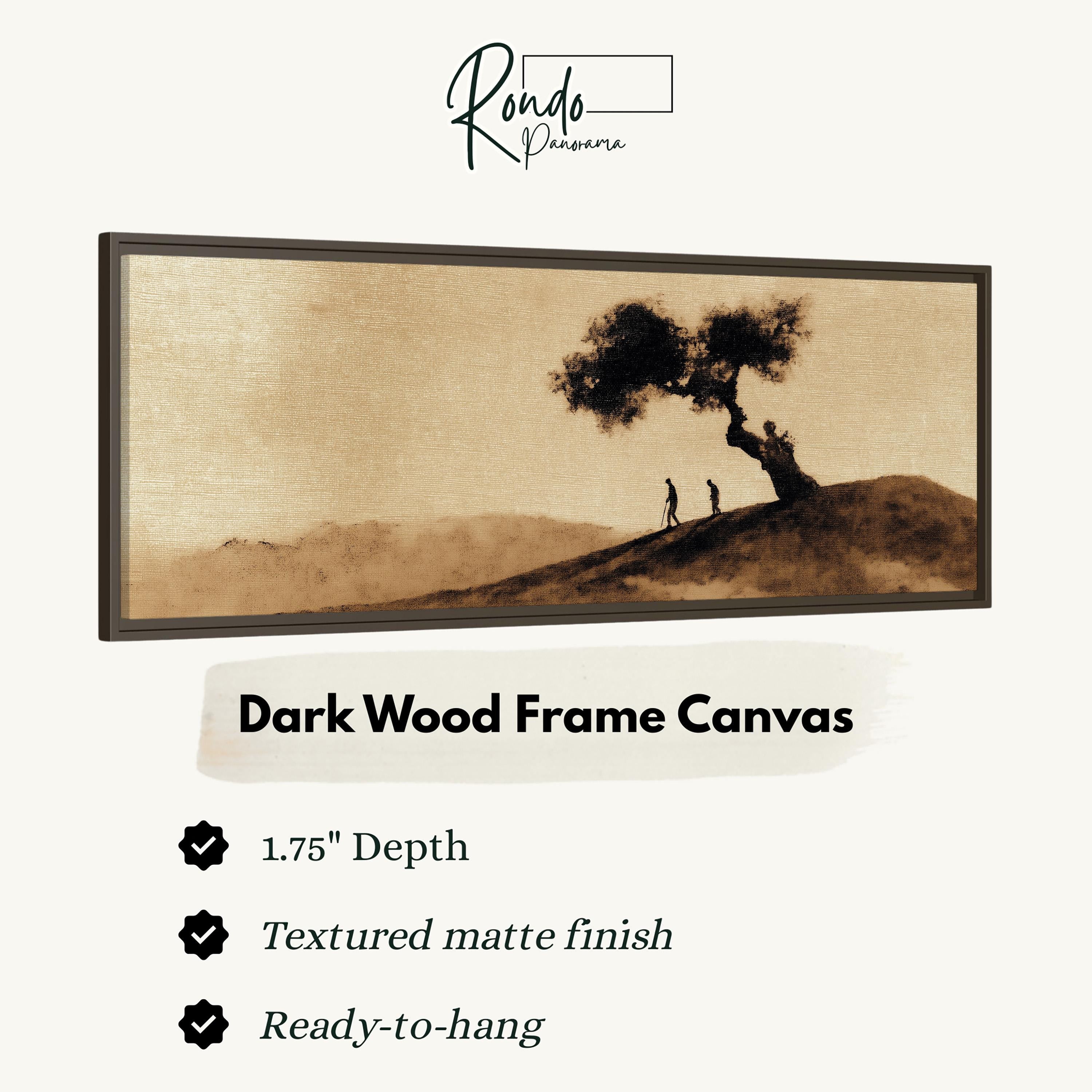 The image is a dark wood frame canvas depicting a tree and two people on a hill.