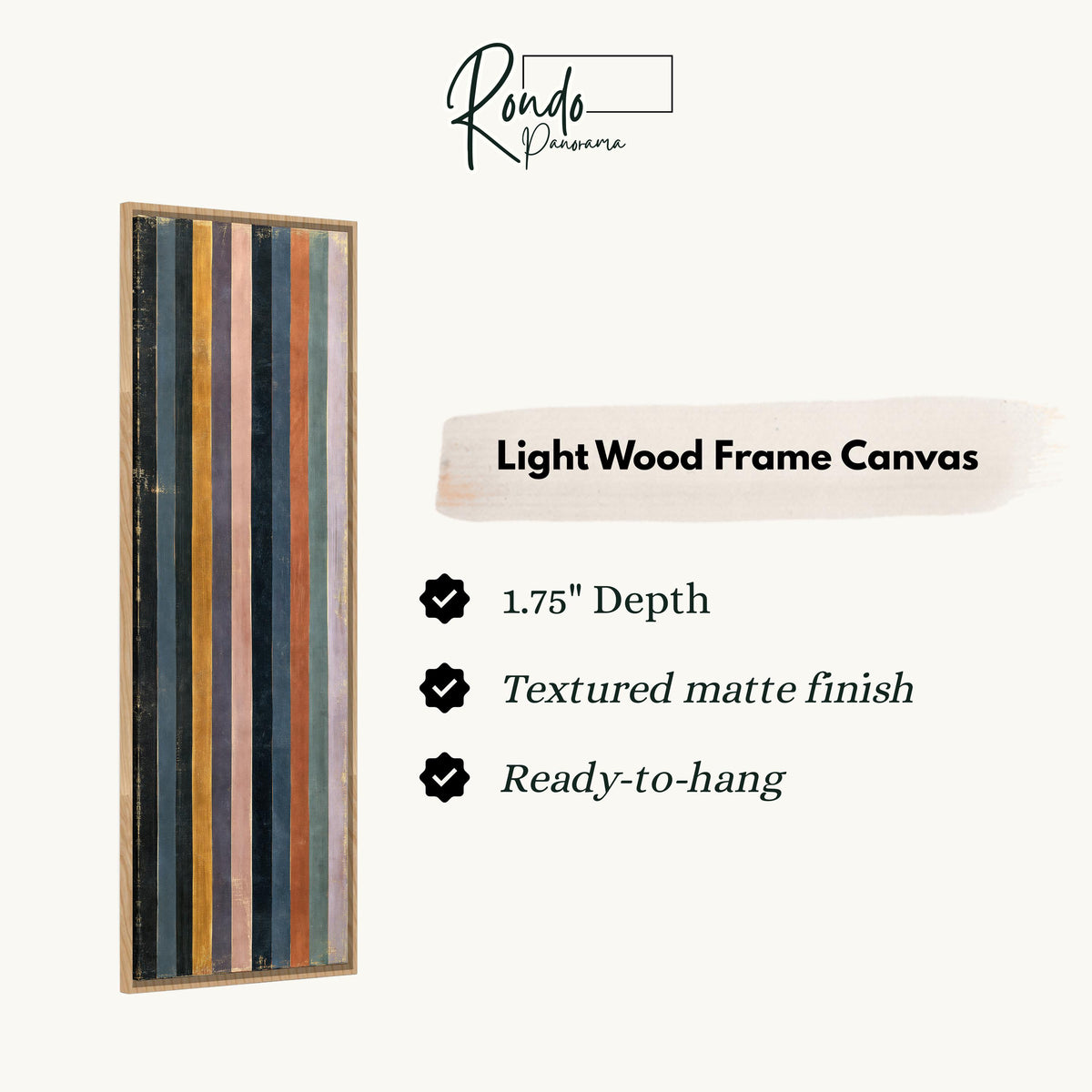 Vertical stripes in navy, rust and mauve canvas print in a light wood floating frame