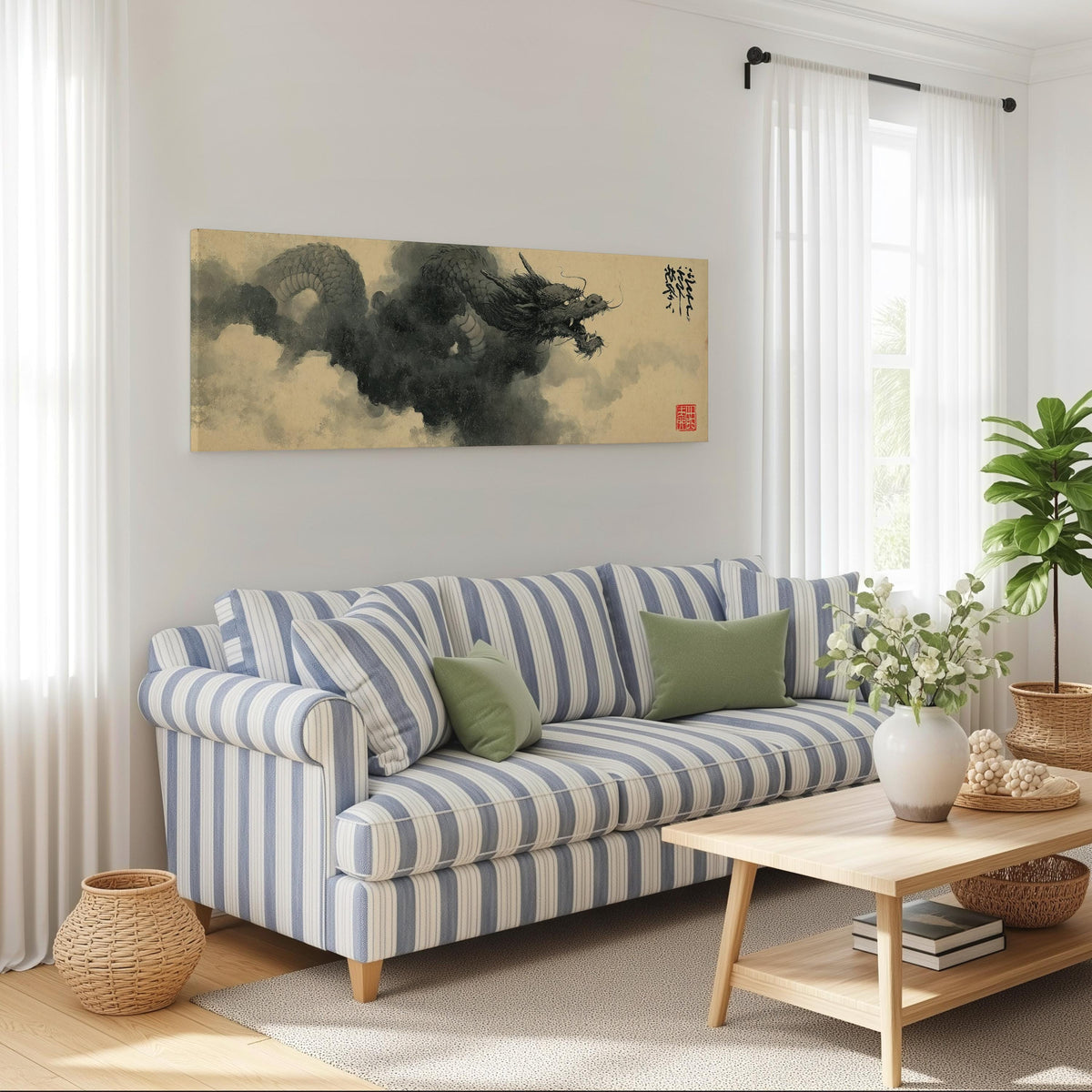 Storm dragon emerging from ink clouds long horizontal canvas print displayed on a wall