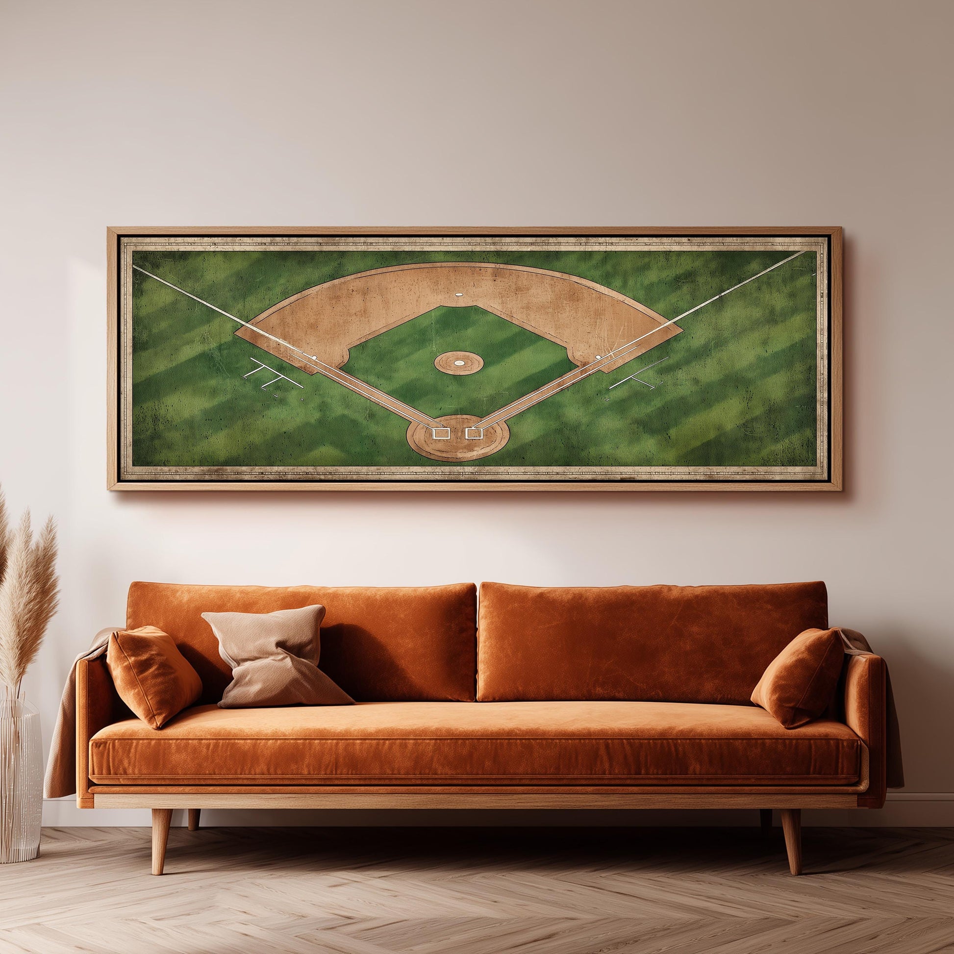 a large framed picture of a baseball field hanging on a wall above a brown sofa.