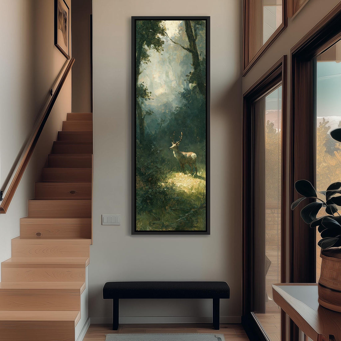 Deer in a misty forest glade long vertical canvas print in a sunlit living space