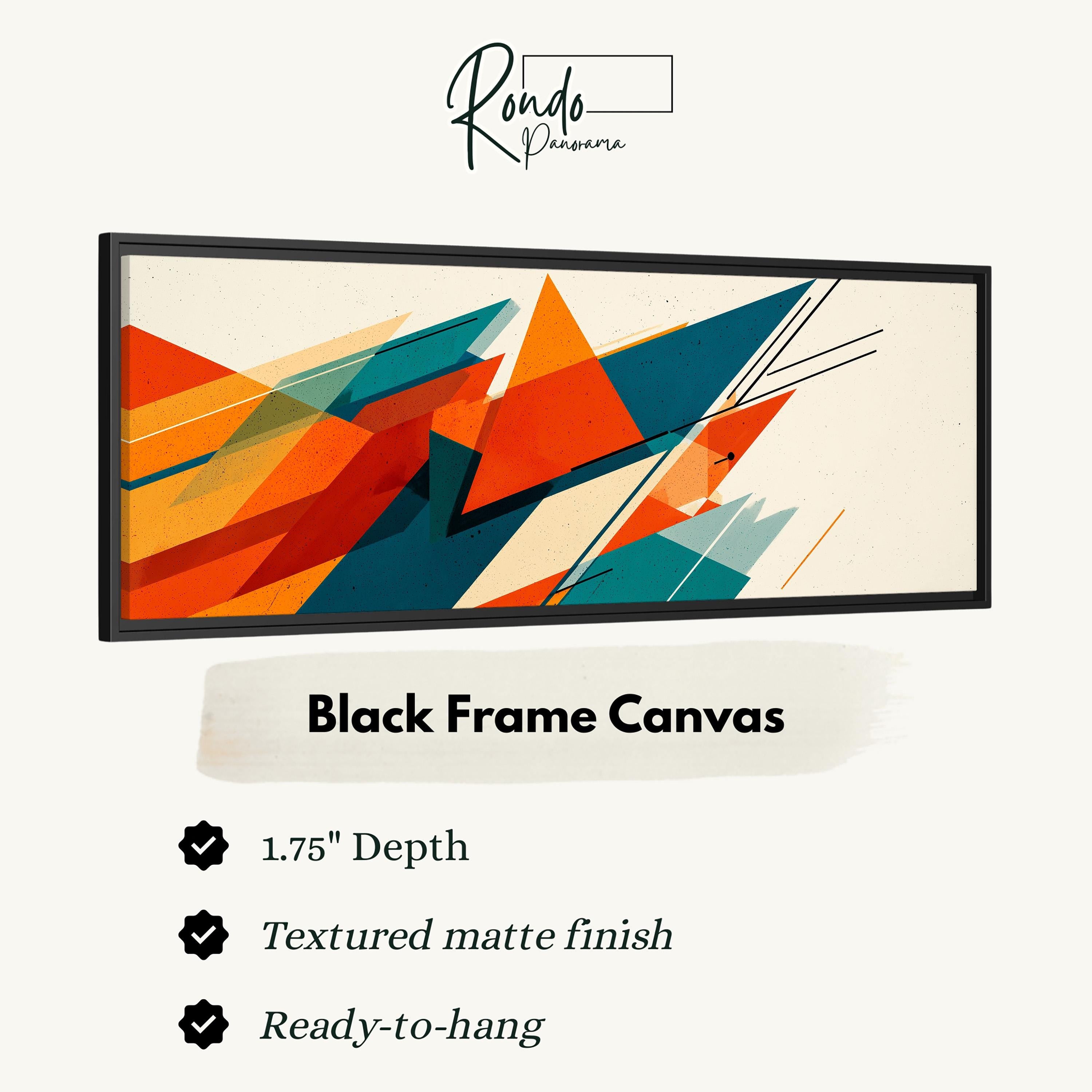 The image is a black frame canvas with a geometric abstract design in black, orange, and teal colors.