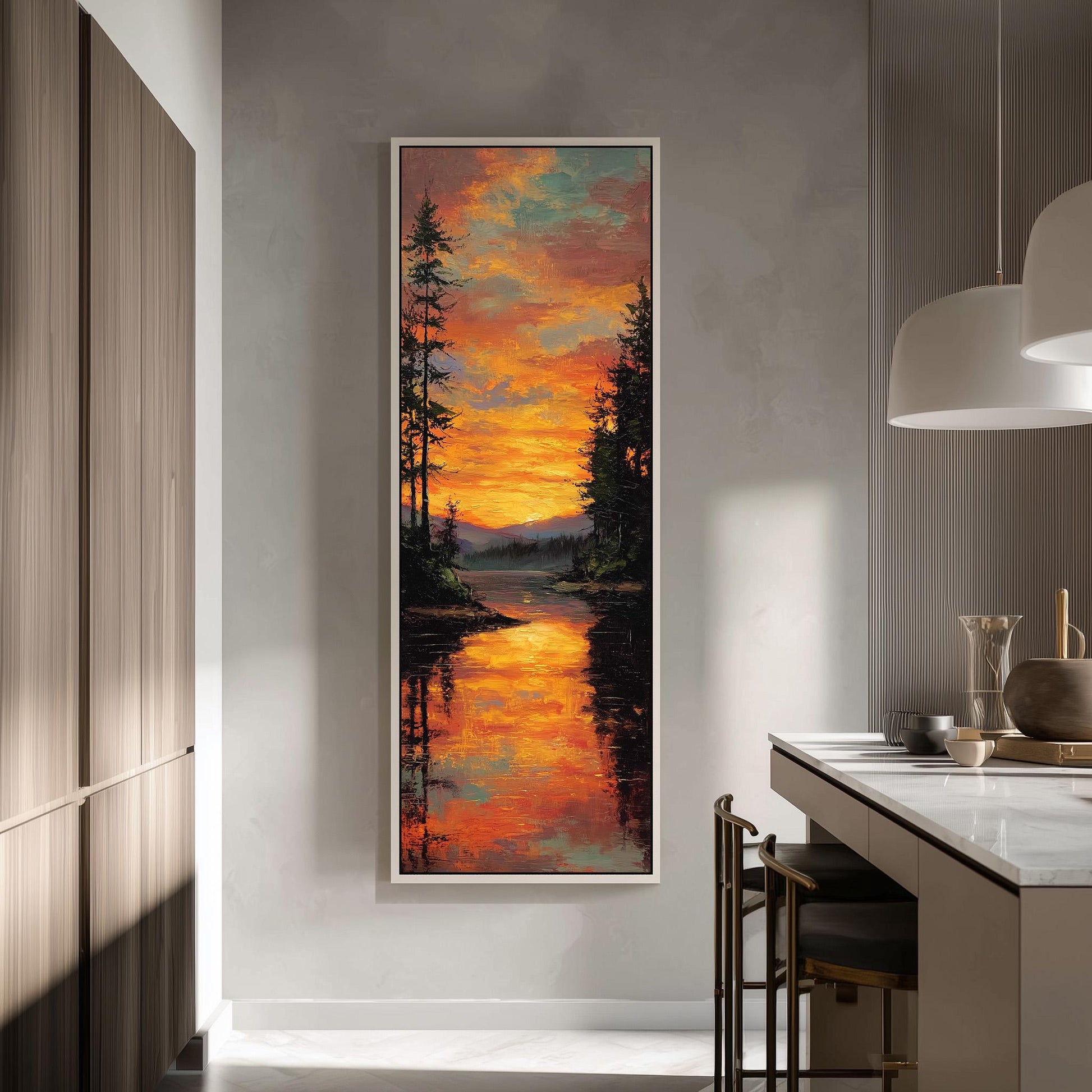a large painting of a sunset landscape hanging on a wall in a modern kitchen.