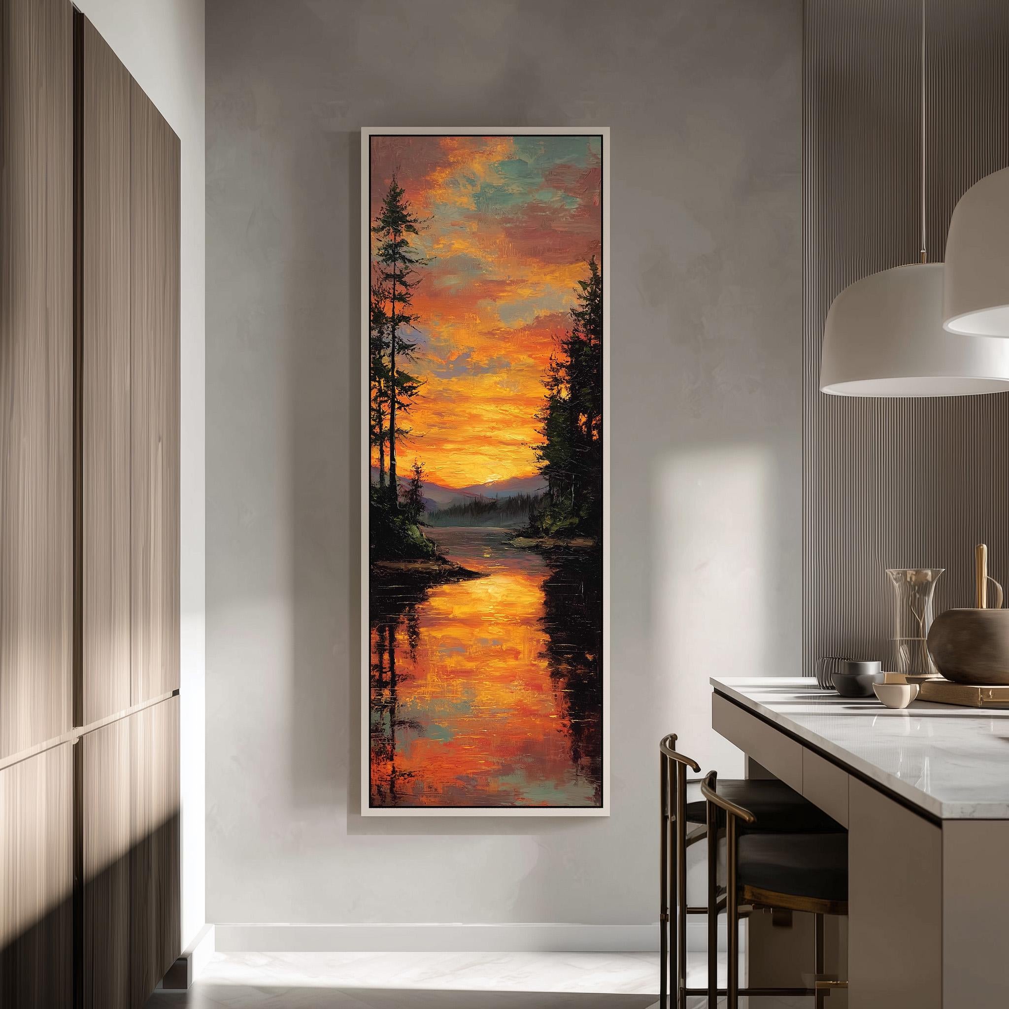 a large painting of a sunset landscape hanging on a wall in a modern kitchen.