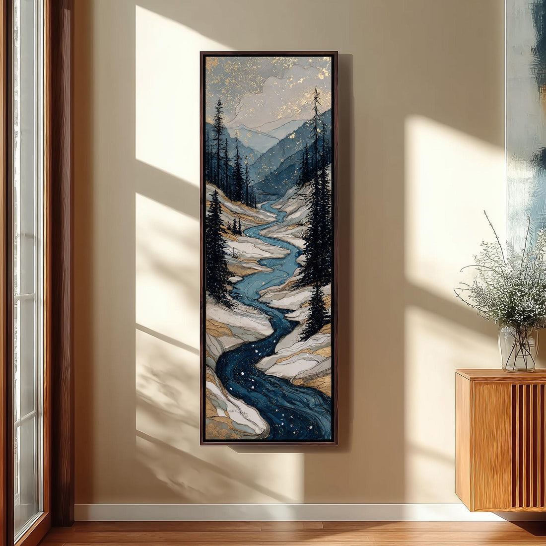 a hallway with a large painting of a mountain landscape hanging on the wall. The painting depicts a winding river surrounded by pine trees and mountains, creating a serene and natural atmosphere. The hallway has a wooden staircase leading up to the painting, and a bench is placed in front of it. The overall scene conveys a sense of tranquility and connection to nature.