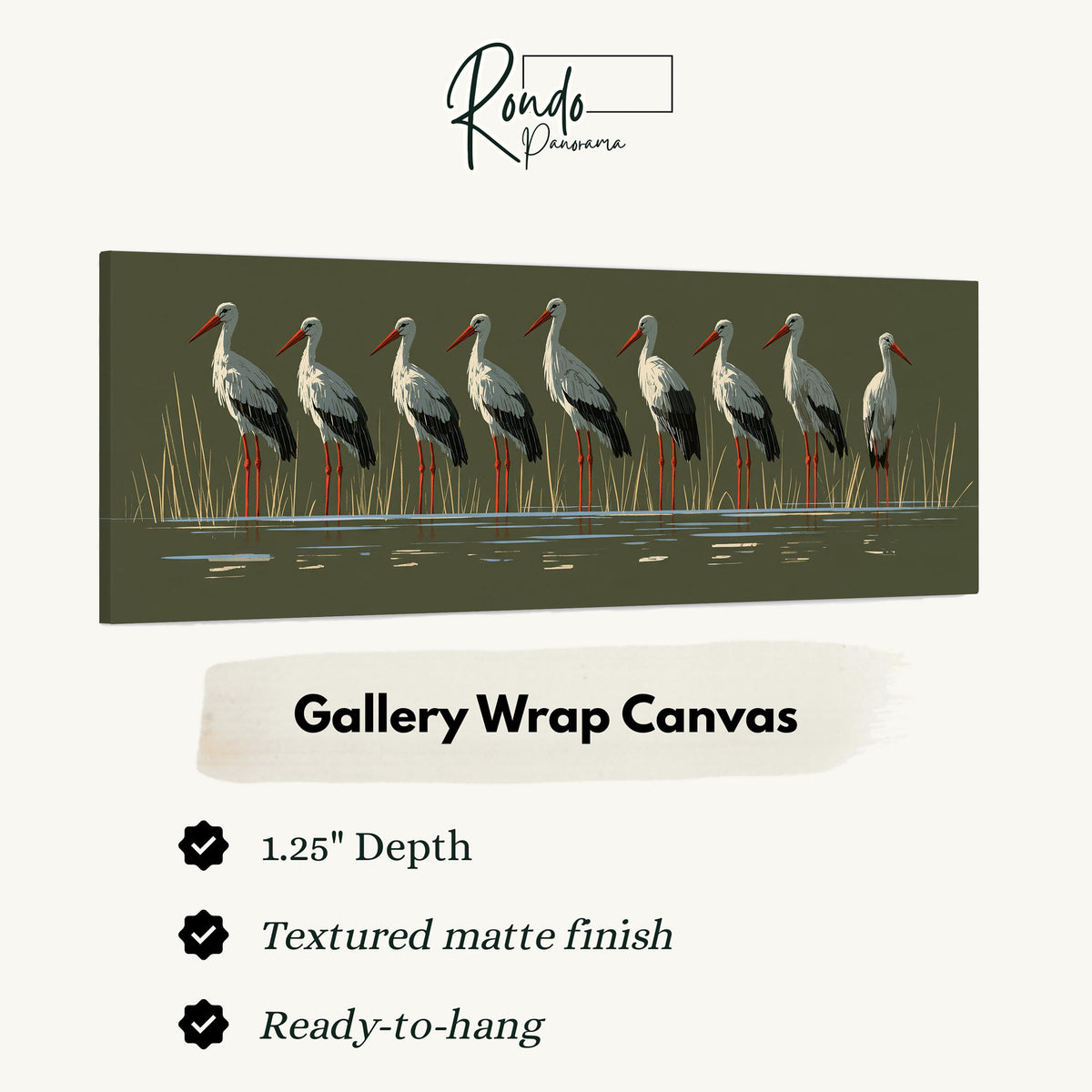 Flock of storks on olive green gallery wrap canvas with the image wrapped around the edges